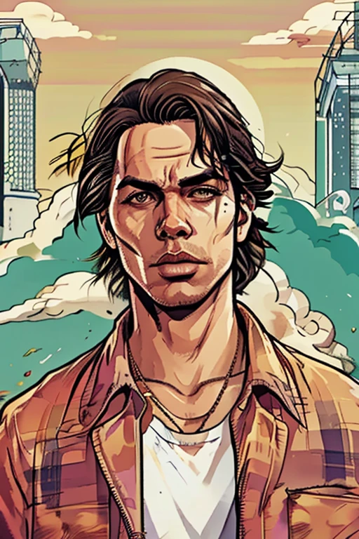 A man wearing a brown jacket standing in front of the city, art GTA 5 Comics, Comic GTA5 cover, Portrait of Jughead Jones, then martin, GTA Art Style, then martin artwork portrait, 2D Game Art GTA Cover, 2D Game Art GTA Cover, GTA 5 Comics, Phil Noto Comic Book cover art, As the protagonist of GTA 5、Smoking cigarettes