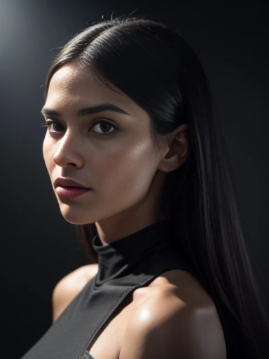 Foto profissional de corpo inteiro, (foto 4k:1.1) por (Jeremy Lipking:0.3), (Dittmann Anna:0.3), (Jiner:0.3), (Crisp Focus:1.3), Very high detail, mulher de pele negra, vestido longo preto, cabelos ondulados, Pose da modelo do Instagram, confiante,  magra, seiosgrandes:1.3, anatomie porfaite, simetria perfeita:1.2, Realista, Rosto realista:1.2, visage porfait, Content, confiante, altamente detalhado, and dramatic, Kinematic lighting, Lighting Scene, luzes suaves