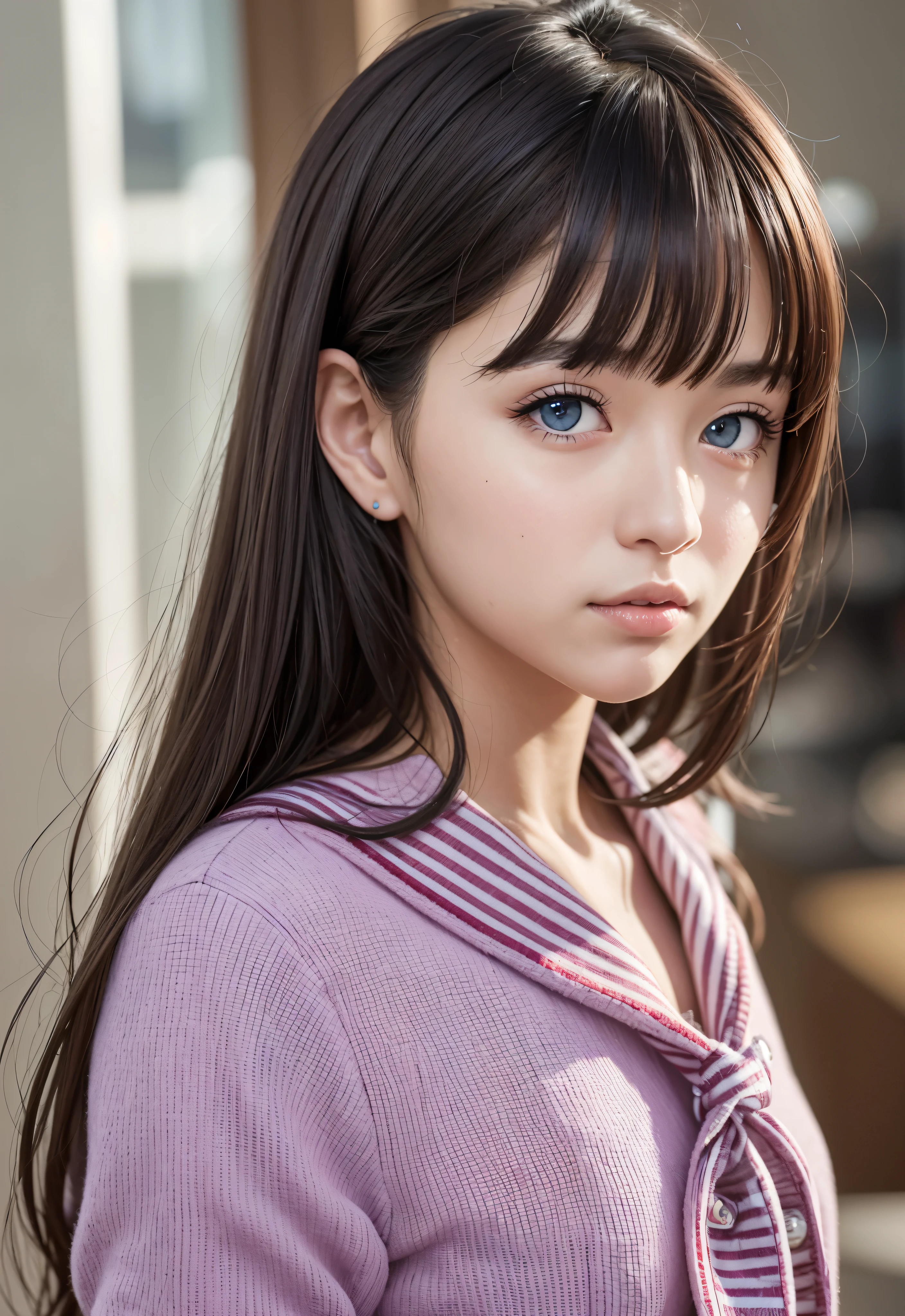 sailor suit、school uniform、A beautiful girl in the world、Glossy skin、sparkle on the cheeks、bangs between the eyes、光沢のあるシルクと非常に長くてまっすぐなbeautiful天然ブロンド、eyeliner、Sexy and beautiful 29 years old、High resolution, big, beautiful, bright light blue eyes、Beautiful and bright girl、sharp、