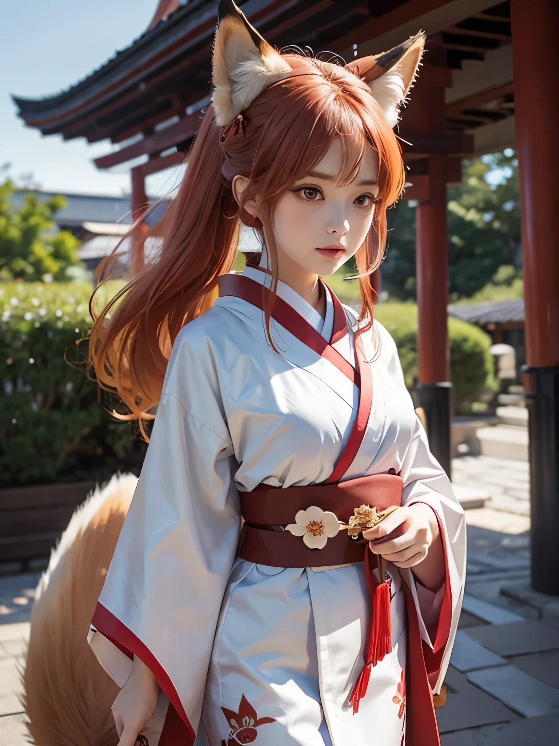 Fox girl, red and white kimono, Kitsune