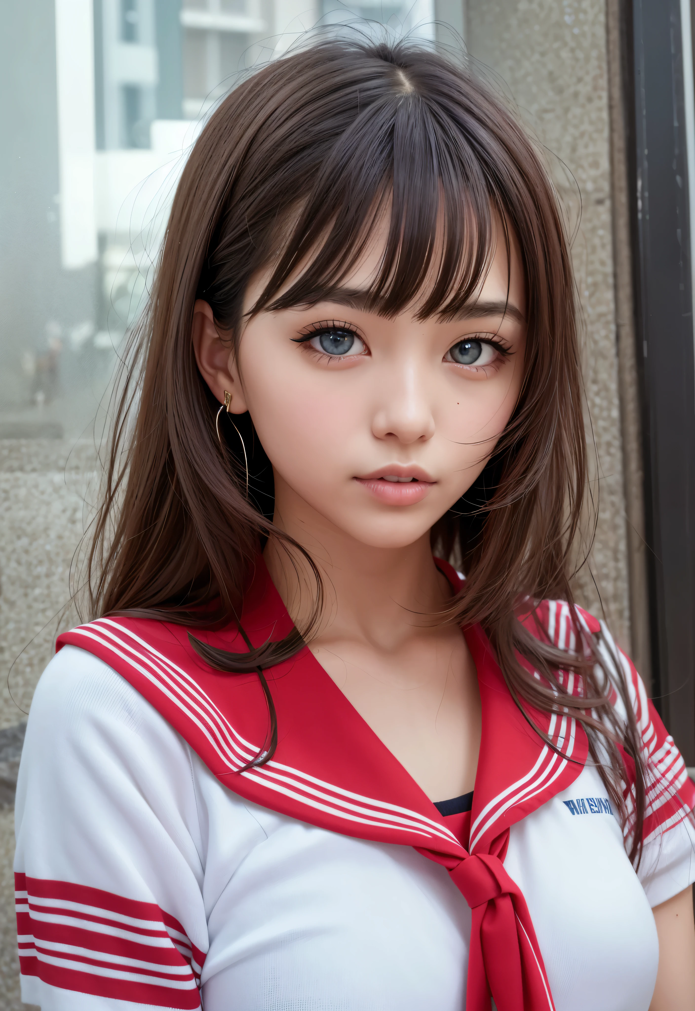 sailor suit、school uniform、A beautiful girl in the world、Glossy skin、sparkle on the cheeks、bangs between the eyes、光沢のあるシルクと非常に長くてまっすぐなbeautiful天然ブロンド、eyeliner、Sexy and beautiful 29 years old、High resolution, big, beautiful, bright light blue eyes、Beautiful and bright girl、sharp、