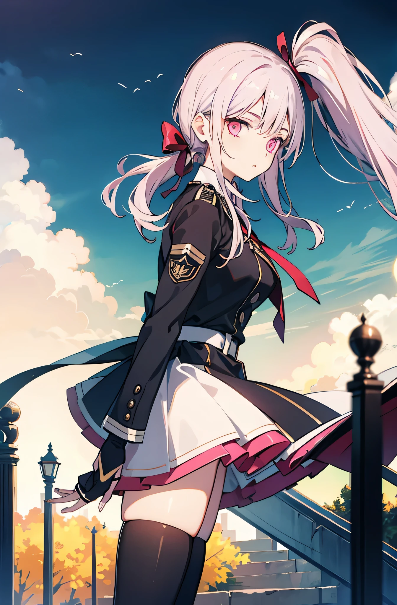 Silver medium hair,(side ponytail),look at the camera、From the side,delicate fingers、beautiful ilumination、in military uniform,black dark knight clothing,pink eyes,black stockings,