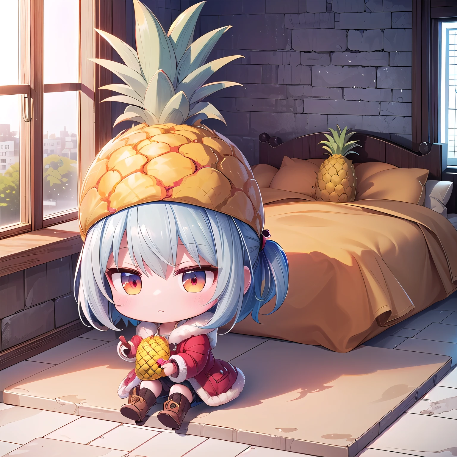 ((Chibi, miniature, REAL, pineapple, 3DCG, Nendoroid, 1 girl: 1.3)) ,(Masterpiece, almond-shaped eyes, glossy white-blue hair, short chignon hair, top quality, carefully drawn fingertips, beautiful anatomy : 1.4), (full body: 1.3), (Red cheeks, indifference, no expression, hair blowing in the wind: 1.2), (Slim and warm clothes, baggy clothes, warm down coat,warm long skirt,boots,Fluffy one piece,pineapple hat,Fluffy gloves,Celebrity Lifestyle: 1.2), (pineapple building,stone wall,Window,bed,stone floor:1.3)