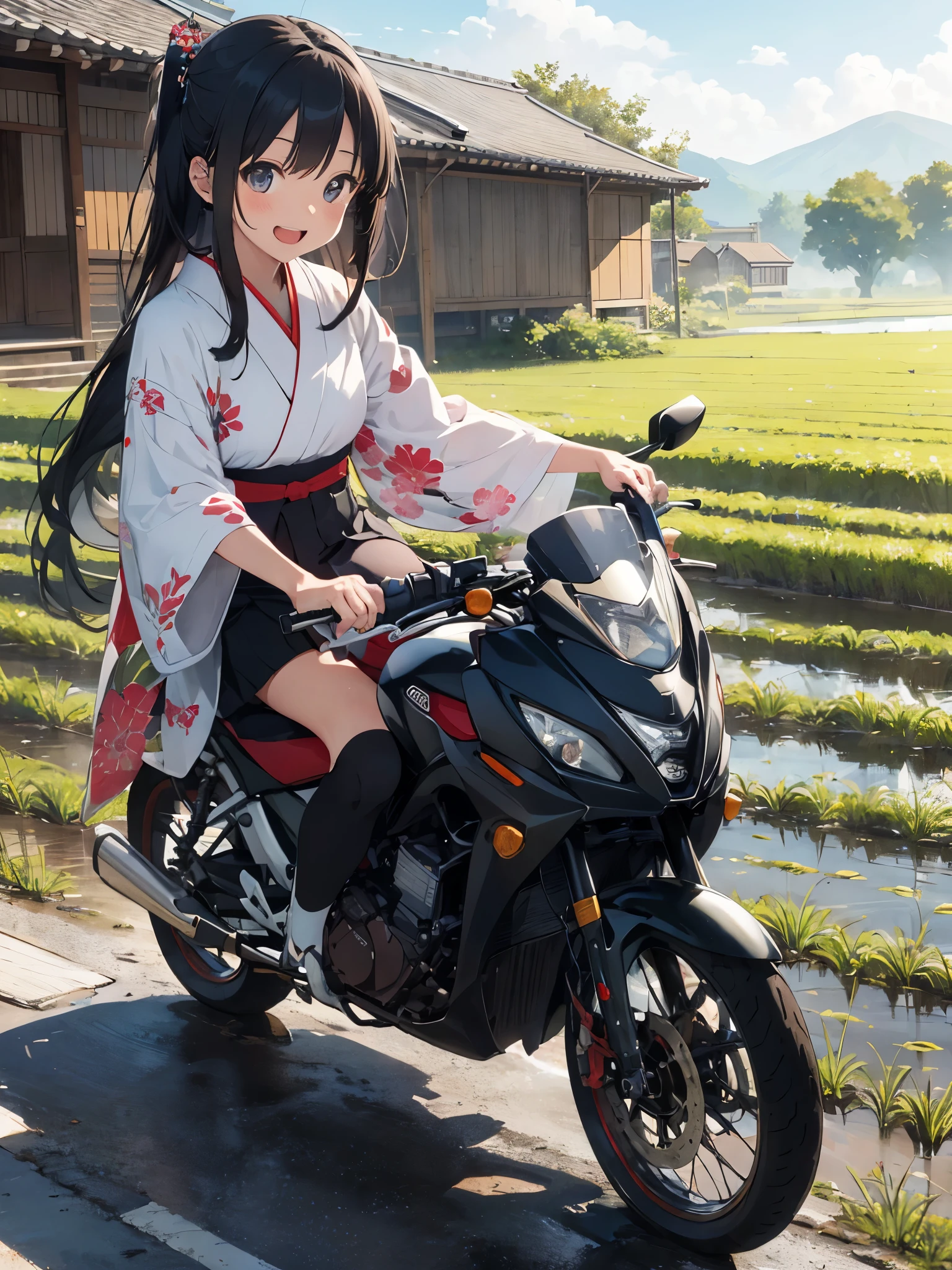 Kaguya in kimono, smiling, cute, accessories, doll riding a motorcycle in the city in summer