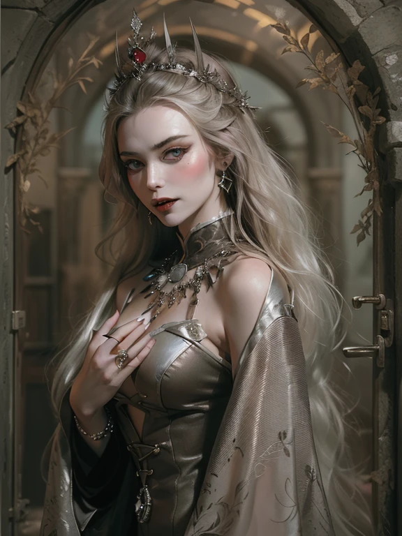 (Numerous award-winning masterpieces, mit unglaublichen Details, Texturen und maximale Details), (hyperrealistisch:1.4), (Full body image:1.8), ((Mittelalterliche Welt)), Skin with real texture in the best quality, (Magic ring on a perfect and beautiful five fingers:1.3), (Beautiful high-ranking vampire wizard:1.8), (Hochrangiger Vampir-Zauberer, der Magie aus den Fingerspitzen freisetzt:1.9), (lazy and charming smile on his lips:1.5), (Der Vampir ist zwei lang, sharp canines:1.9), (seductive glance:1.9), (Fein detaillierte, echte, kreissymmetrische Augen), (Beguilingly finely detailed and beautiful face:1.6), (elegantes Kleid mit zarten Verzierungen, although it is damaged and verblasst:1.8), ( ancient Kunstifacts:1.8), (Image of an aesthetic and decadent atmosphere:1.9), (helle, but beautiful skin and face:1.8), (wears many decadent and carefully crafted accessories:1.8), (Magischer Kreis mit alten Mustern, die stark leuchten:1.5), (Degenerate beauty with corrupt aesthetics:1.7), (Full body image:1.8), (Zwei Augen, die von innen starkes rotes Licht ausstrahlen:1.4), (elegant and luxuriously crafted accessories:1.8), (Weniger Hautkontakt:1.5), (Starkes Mondlicht scheint durch das Fenster:1.7), ((dramatisches Foto)), ((filmisch light)), (schaut nach oben), (herunterschauen), (dramatische Pose), (Raucheffekte und bezauberndes Licht:1.4), beautiful white hair, beautiful silver hair, beautiful brown-silver-blonde hair, Windeffekte, (Treibender violetter Rauch:1.3), Ruinen einer alten Burg, Royal underground tombs, ((Dark Nights, Vollmondnächte, Neumondnächte)), episch realistisch, verblasst, ((neutrale Farben)), Kunst, (HDR:1.5), (muted colors:1.2), hyperdetailliert, (Kunst station:1.5), filmisch, warme Lichter, Lichteffekt, dramatisches Licht, (Komplizierte Details:1.1), komplexer Hintergrund, (Greg Rutkowski:0.8), (teal and orange:0.4),
