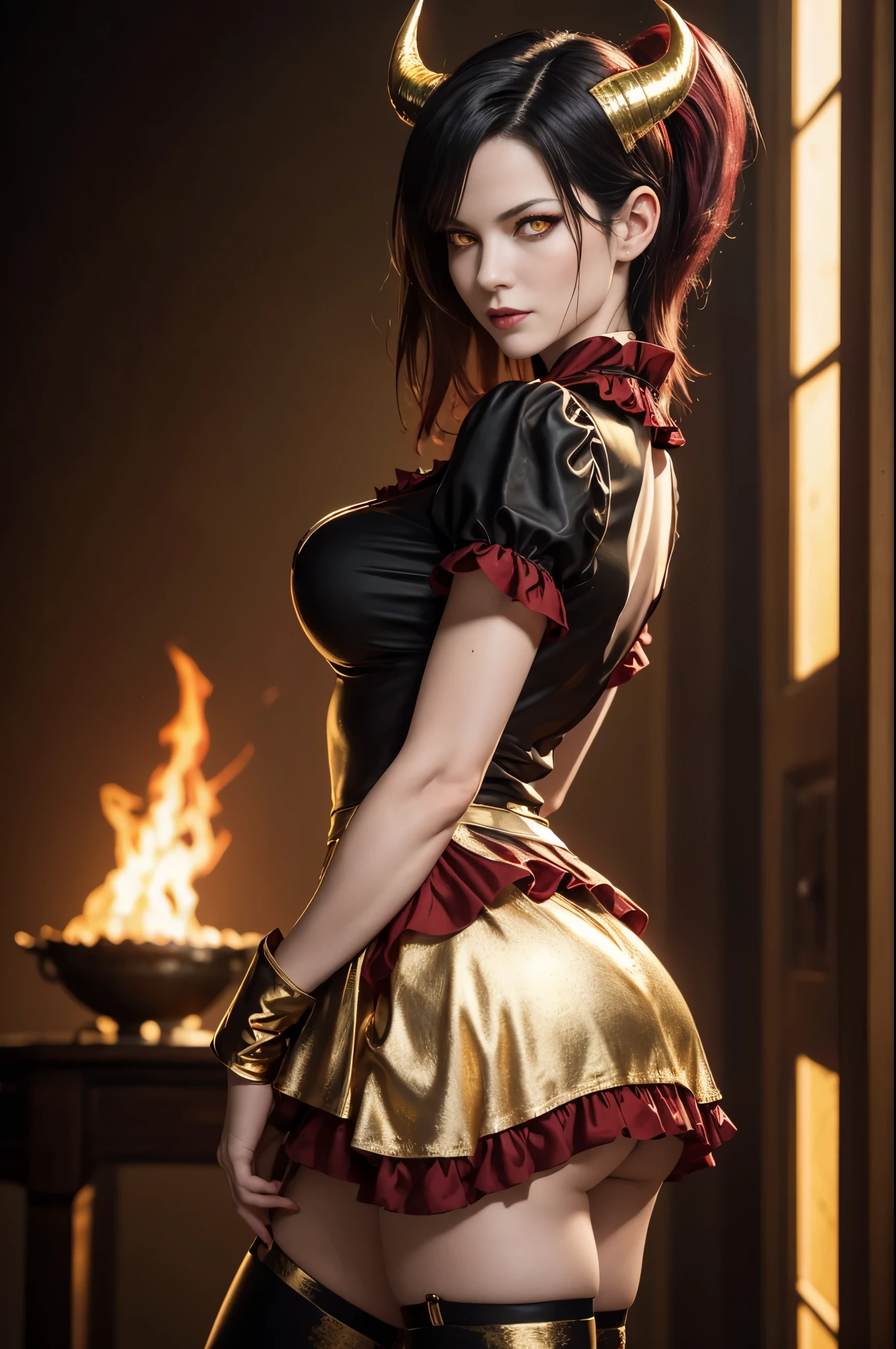 (Beautiful mature female (perfect face) demon), (Milla Jovovich:0.3), small horns, tail, playful smile, pale skin, (skin texture:1.1), black hair, (classic French maid outfit:1.2), wreathed in fire, (crimson and gold eyes:1.4), fit athletic body, hellscape background, (masterpiece), (photorealistic:1.4), RAW photo, best quality, high res, rich colors, backlight, bright sunlight, cinematic lighting, film grain, raw photo, 50mm lens, Nikon D850, warm colors
