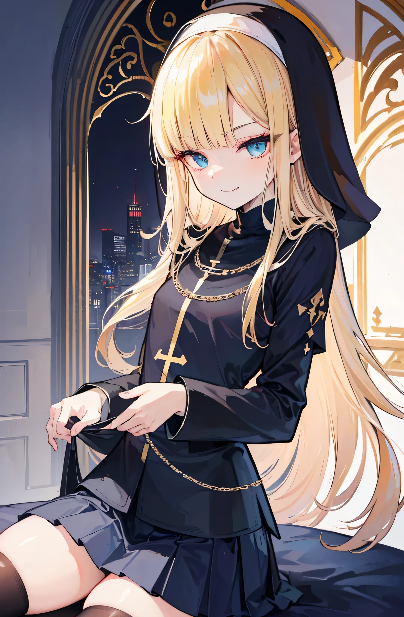 [(with a cathedral background:1.4)::5],original,(figure:1.1),(highest quality),(table top:1.1),(Highly detailed CG Unity 8K wallpaper:1.1), (colorful:0.9),(mid shot:0.95),(非常に詳細なbeautiful faceと目),(alone:1.2), (girl),(((adult))), (detailed beautiful eyes:1.15), (beautiful face:1.15), (shining blue eyes:1.25////),(((blonde long hair))),((Black nun costume)),((black pleated mini skirt)),(+perfect hands+:1.21),(Draw an illustration of a girl in a black nun costume woman),(Religious),(thin),(((adult))),((Wearing black thighs)),evil smile,face-makeup,royal,((Black Nun)),((evil smile)),