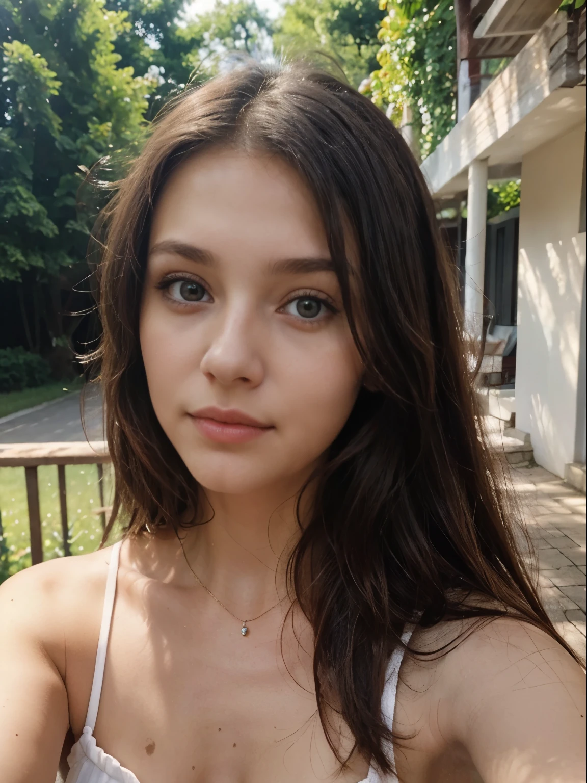 Photo of a 20 year old brunette woman, that has a very natural face, thin lips, thin eyes, thin eyesbrauen, thin nose, Ohrringe, lange Wimpern. She takes a cute selfie outdoors