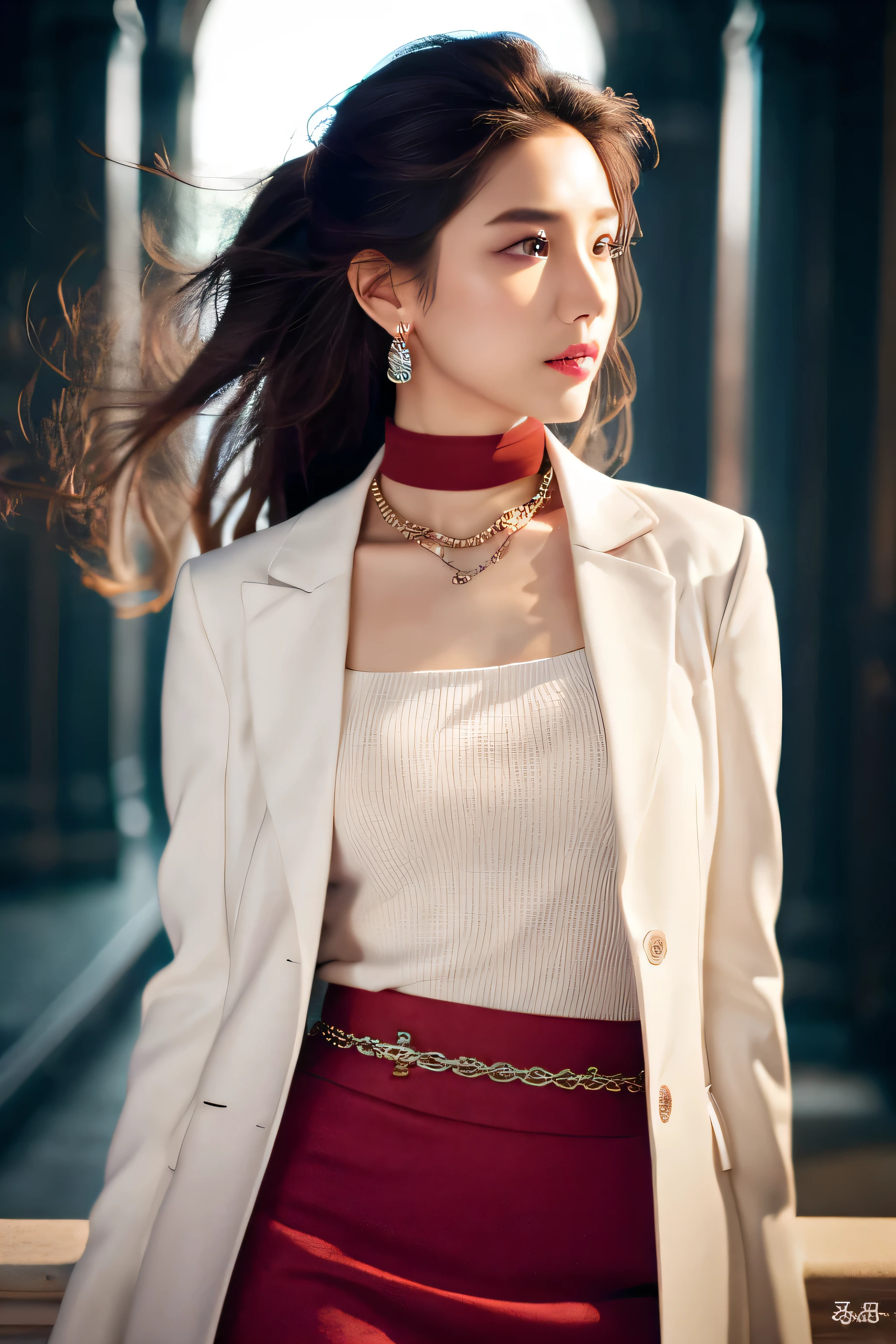 1girl、portrait of a beautiful woman、athletic、white jacket、red skirt、black hair、light makeup、choker、volume lighting、highest quality、masterpiece、intricate details、tone mapping、sharp focus、Super detailed、ArtStation Trends、with a realistic，beautiful face details，