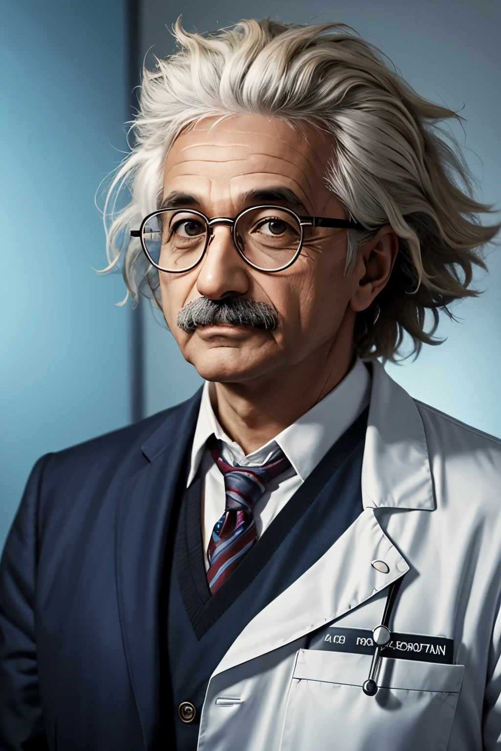A doctor wearing glasses, resembling Einstein, talk