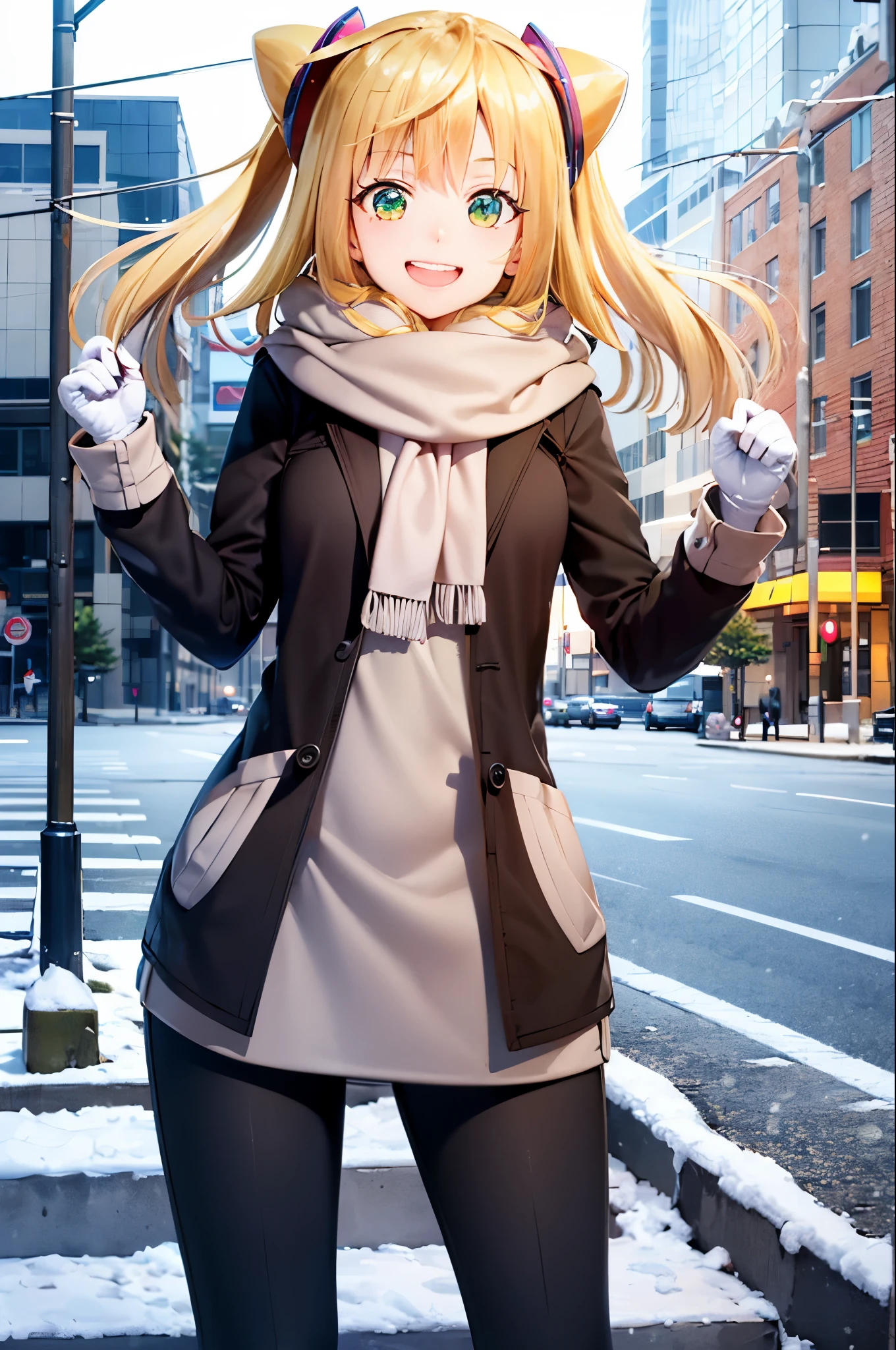 (masterpiece, best quality:1.2), cowboy shot, solo, 1girl, hacka doll 1, smile, looking at viewer, twintails, fur-trimmed coat, pants, mittens, scarf, snowing, cityscape, sidewalk