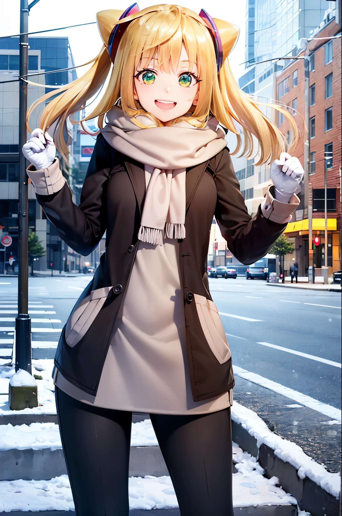 (masterpiece, best quality:1.2), cowboy shot, solo, 1girl, hacka doll 1, smile, looking at viewer, twintails, fur-trimmed coat, pants, mittens, scarf, snowing, cityscape, sidewalk