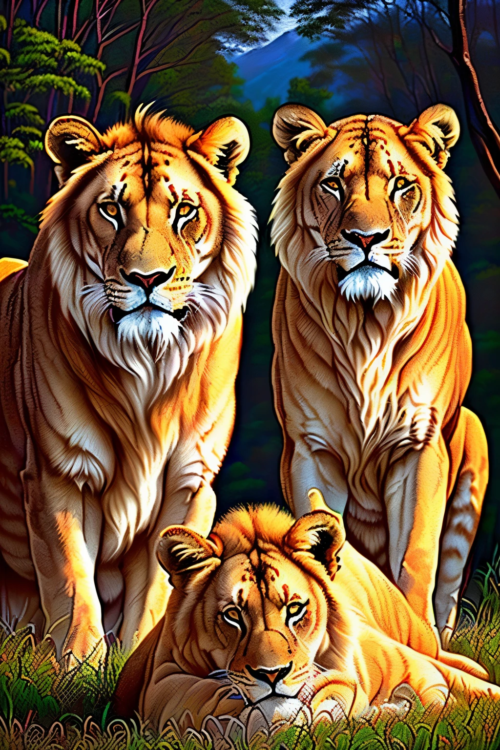 [[two lions]], na selva, ((fechar-se)) detalhado, Piso lamacento, tempo chuvoso, pintura digital, Art Station, arte conceitual, breathtaking, detalhes altos, extremely detalhado, Lindo, enquadramento de cena, hiperrealista, motor irreal 5