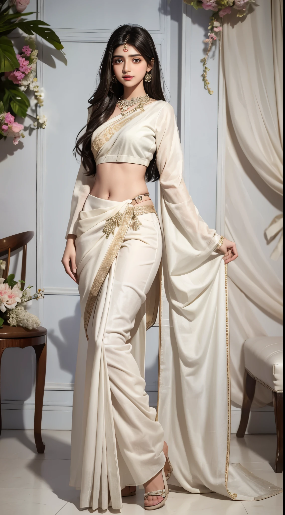 16 year Old Pakistani Girl , wearing indian traditional saree , full body cover , white skin slim figure , slim belly , beautiful eyes , big , 8k quality photo