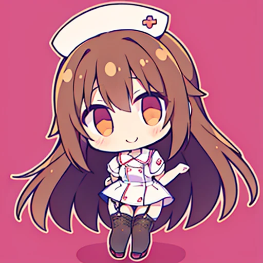 table top、muste piece、super detailed、High quality、masterpiece、highest quality, 1 girl, long brown hair:1.5、wavy long hair、brown eyes、alone、Sexy Nurse、garter belt、garter stockings、cross mark nurse cap、bewitching smile、{{one tone background、 background:1.8}}、Full body Esbian、icon、
