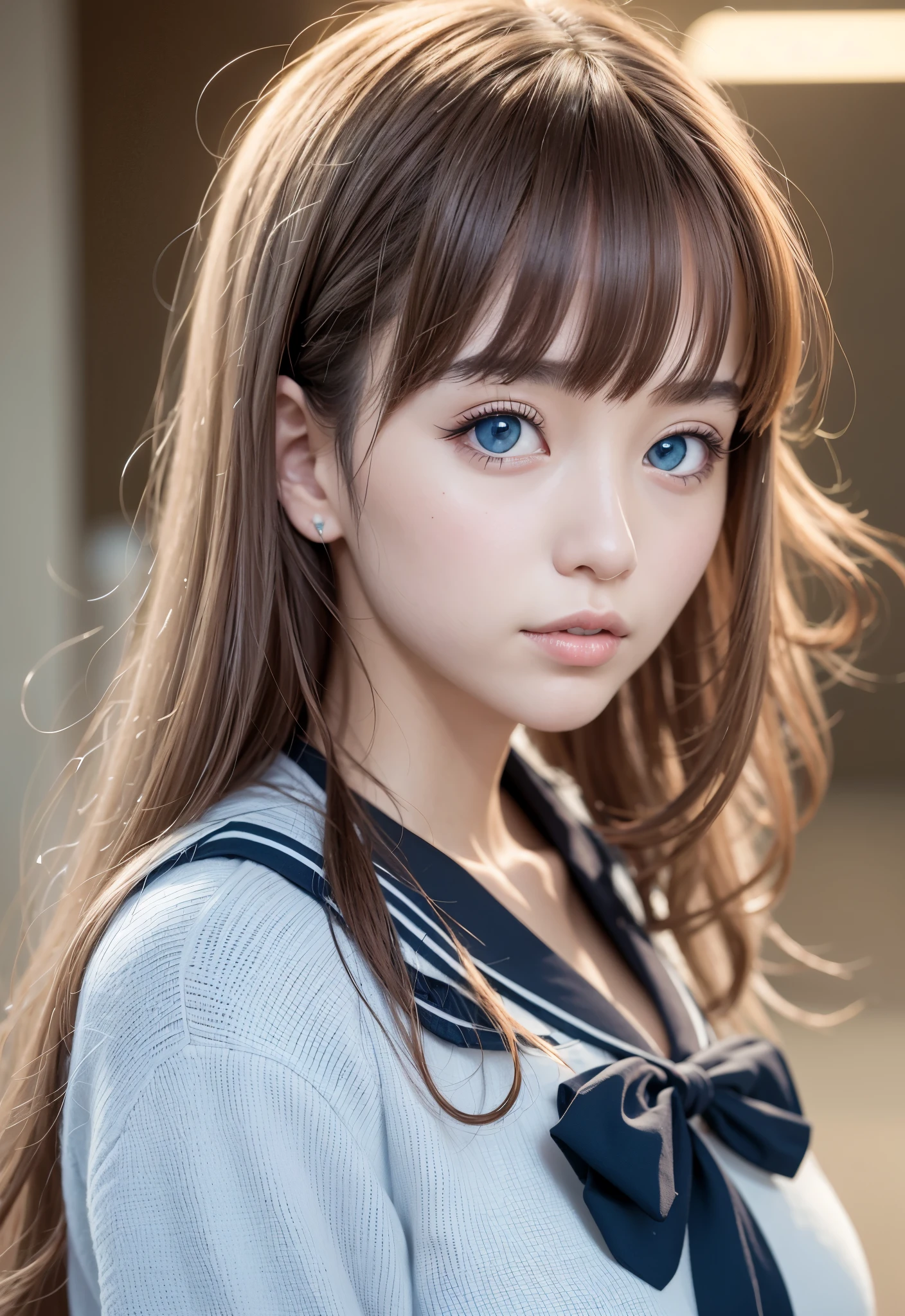 sailor suit、school uniform、A beautiful girl in the world、shiny glossy skin、sparkle on the cheeks、bangs between the eyes、光沢のあるシルクと非常に長くてまっすぐなbeautiful天然ブロンド、eyeliner、Sexy and beautiful 35 years old、High resolution, big, beautiful, bright light blue eyes、Beautiful and bright girl、sharp、