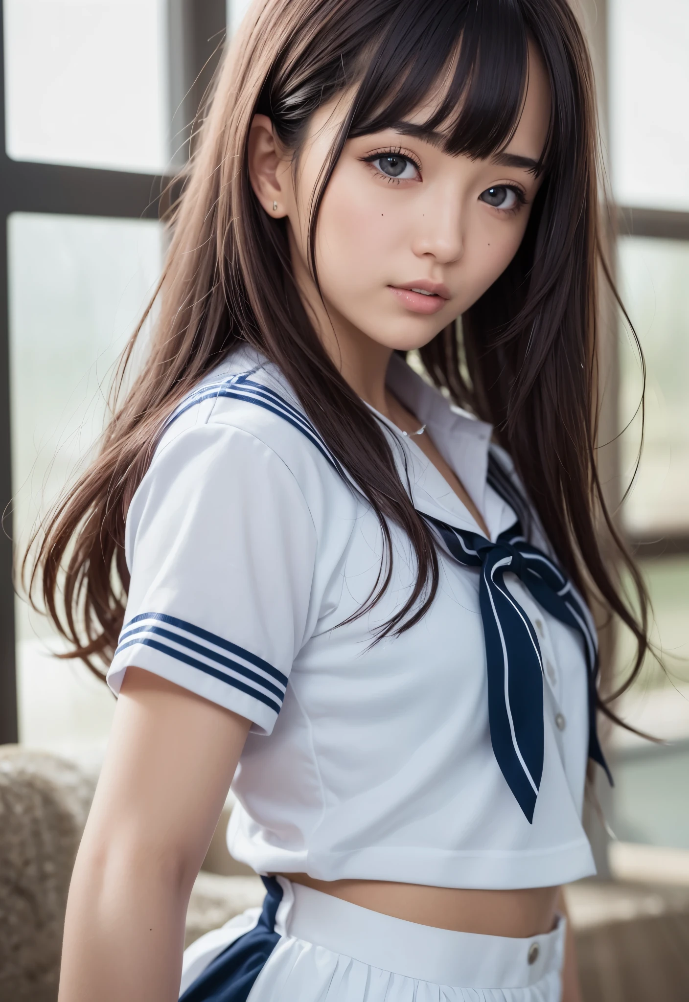 sailor suit、school uniform、A beautiful girl in the world、shiny glossy skin、sparkle on the cheeks、bangs between the eyes、光沢のあるシルクと非常に長くてまっすぐなbeautiful天然ブロンド、eyeliner、Sexy and beautiful 35 years old、High resolution, big, beautiful, bright light blue eyes、Beautiful and bright girl、sharp、