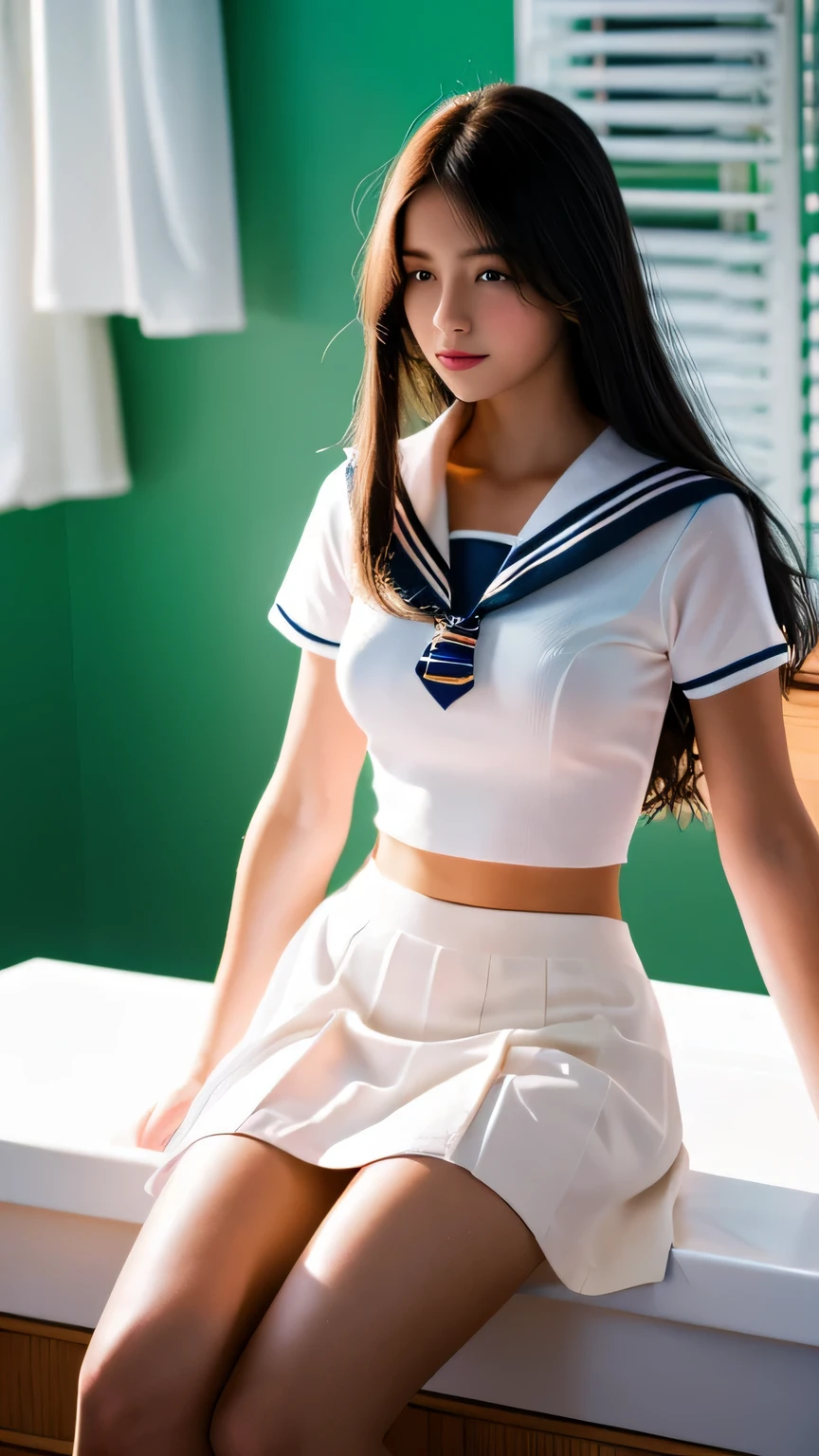 noon, In a bright classroom,sit on the desk, handsome white girl,peach-colored skin, See-through white sailor suit, super mini skirt,open both legs,Romantic feelings, The flow of energy around, beauty of russia,Facial Ultra Detail, long black hair, Facial Ultra Detail, high contrast,very realistic, 4K, chiaroscuro, ultra high resolution