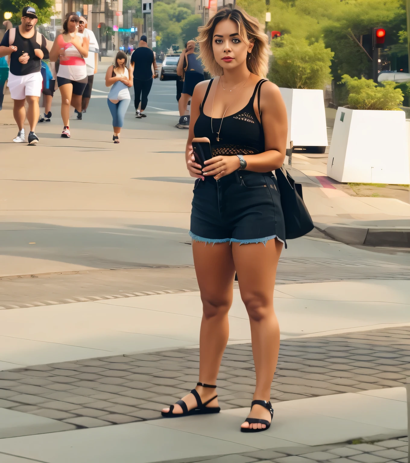 There is a woman standing on a sidewalk with a cell phone, vestindo uma blusa preta, e shorts jeans, vestindo uma regata e shorts, vestida com top e shorts, vestindo shorts pretos, mulher de 30 anos, 8k