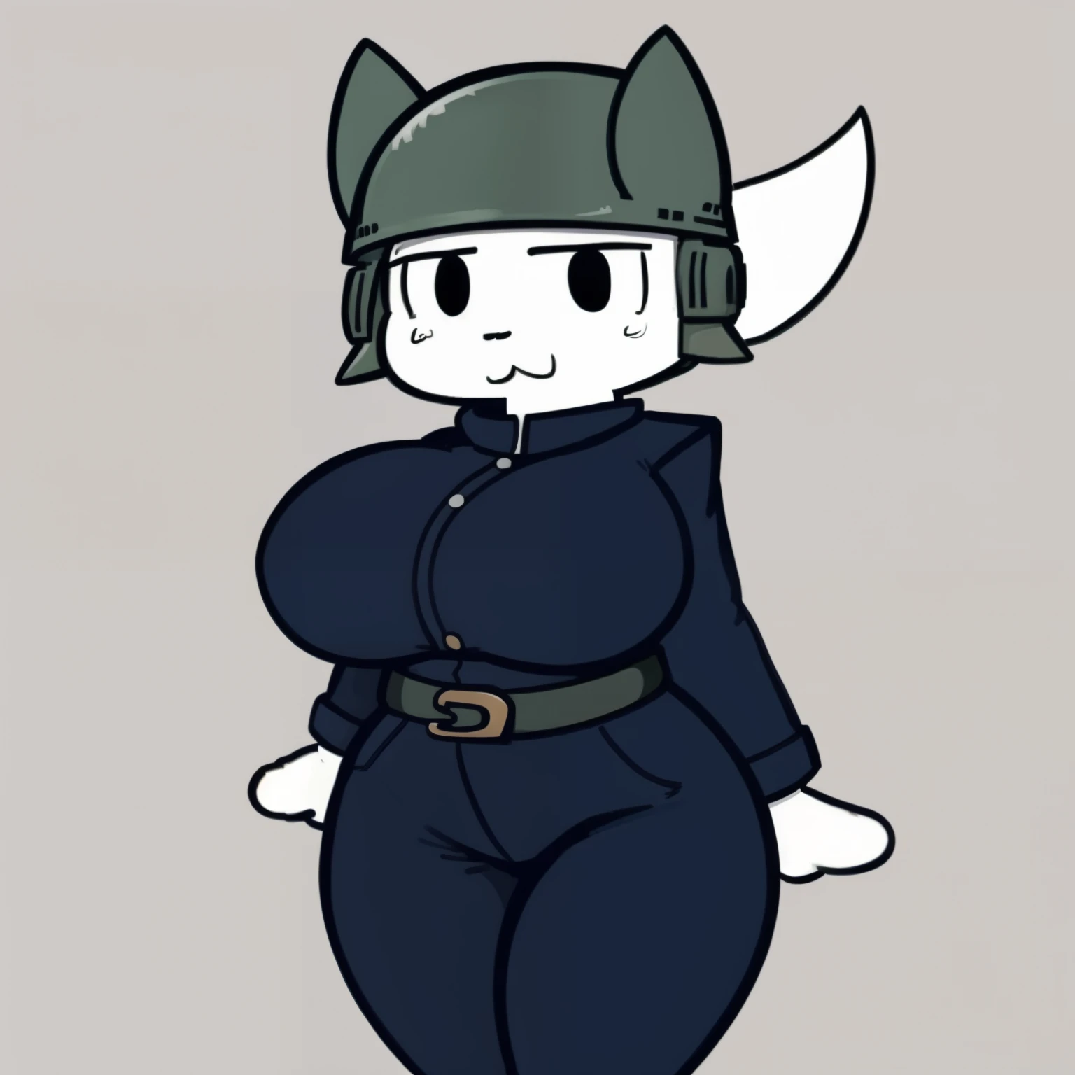 Silly cat, girl, wide hips, cat, antro, white cat,thick legs, body slim, huge breasts, sweat, wearing navy blue pants, wearing navy blue jacket, wearing a dark green steel army helmet, brown belt, ((OC written on the helmet))),
