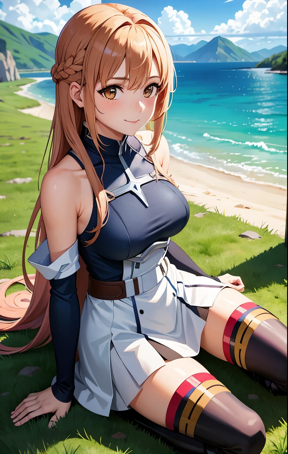 1girl, asuna_\(sao\), bangs, bare_shoulders, blue_sky, blush, boots, braid, breastplate, breasts, brown_eyes, closed_mouth, cloud, cloudy_sky, day, detached_sleeves, grass, hair_between_eyes, long_hair, looking_at_viewer, mountain, outdoors, rock, sitting, skirt, sky, smile, solo, thighhighs, very_long_hair, big 