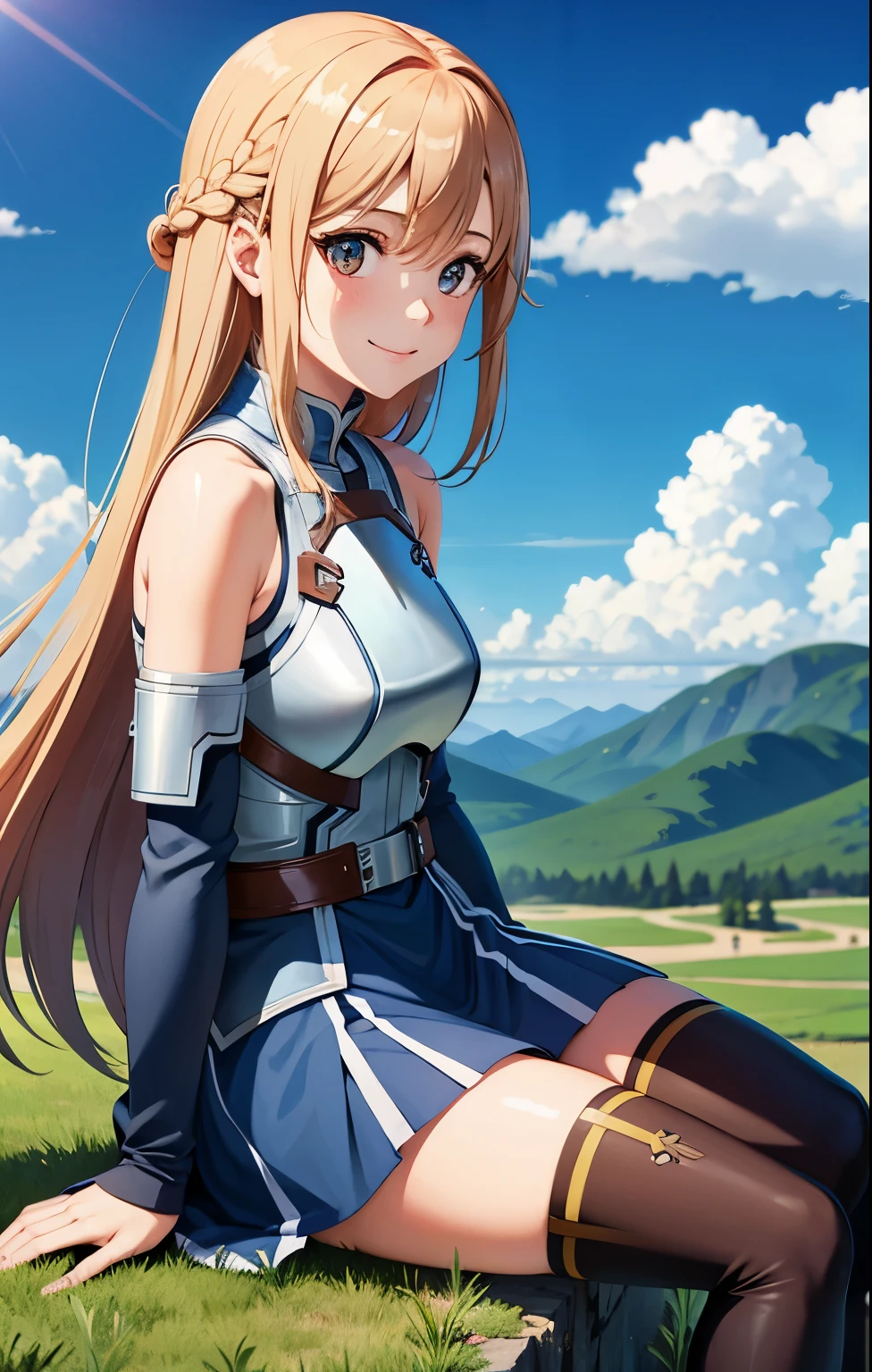 1girl, asuna_\(sao\), bangs, bare_shoulders, blue_sky, blush, boots, braid, breastplate, breasts, brown_eyes, closed_mouth, cloud, cloudy_sky, day, detached_sleeves, grass, hair_between_eyes, long_hair, looking_at_viewer, mountain, outdoors, rock, sitting, skirt, sky, smile, solo, thighhighs, very_long_hair, big 