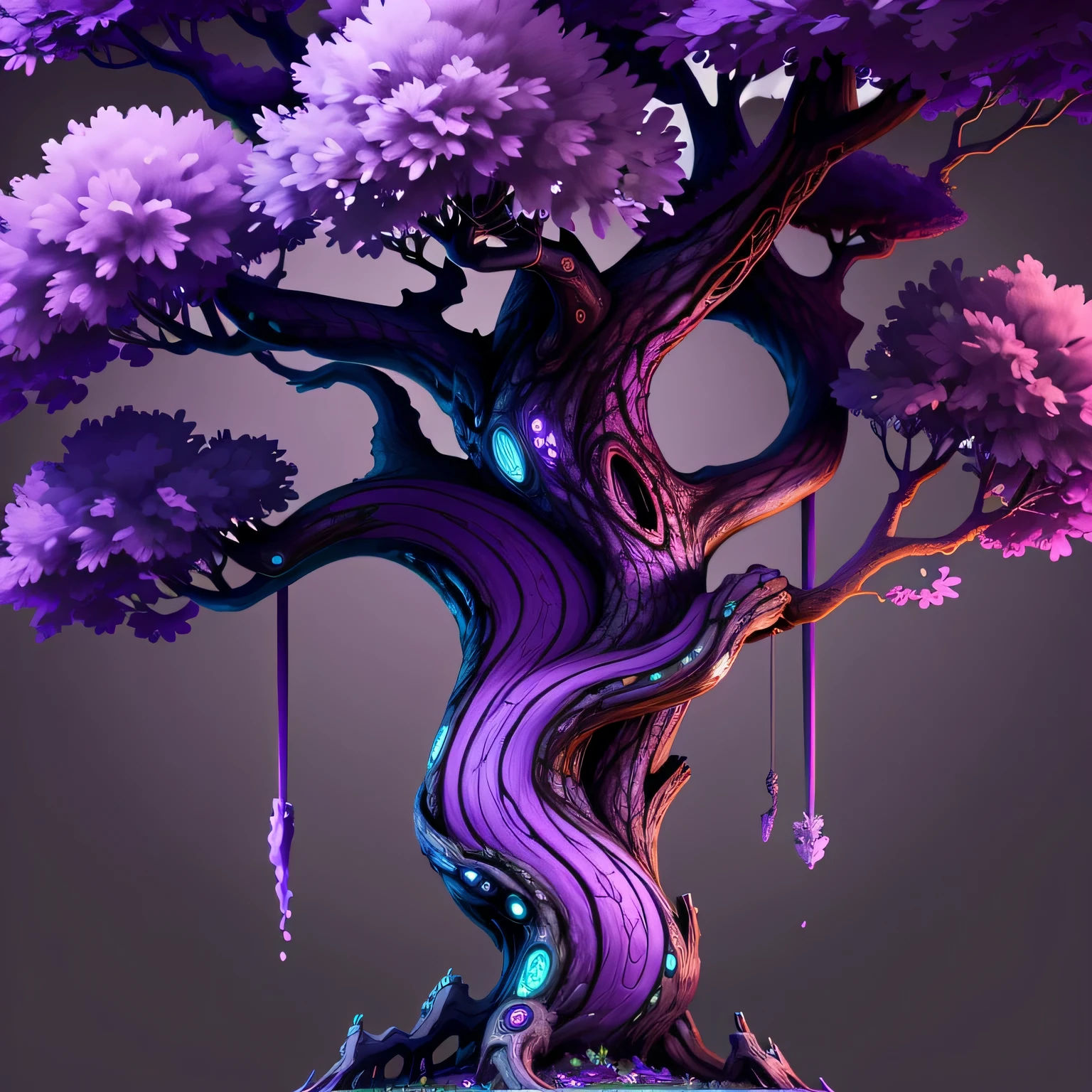 ((best quality)), single tree, complete, comfortable, reasonable structure, shocking, high detail, rich, 8k, tree, light and dark relationship reasonable, concept map, high detail, vivid, purple, cyberpunk