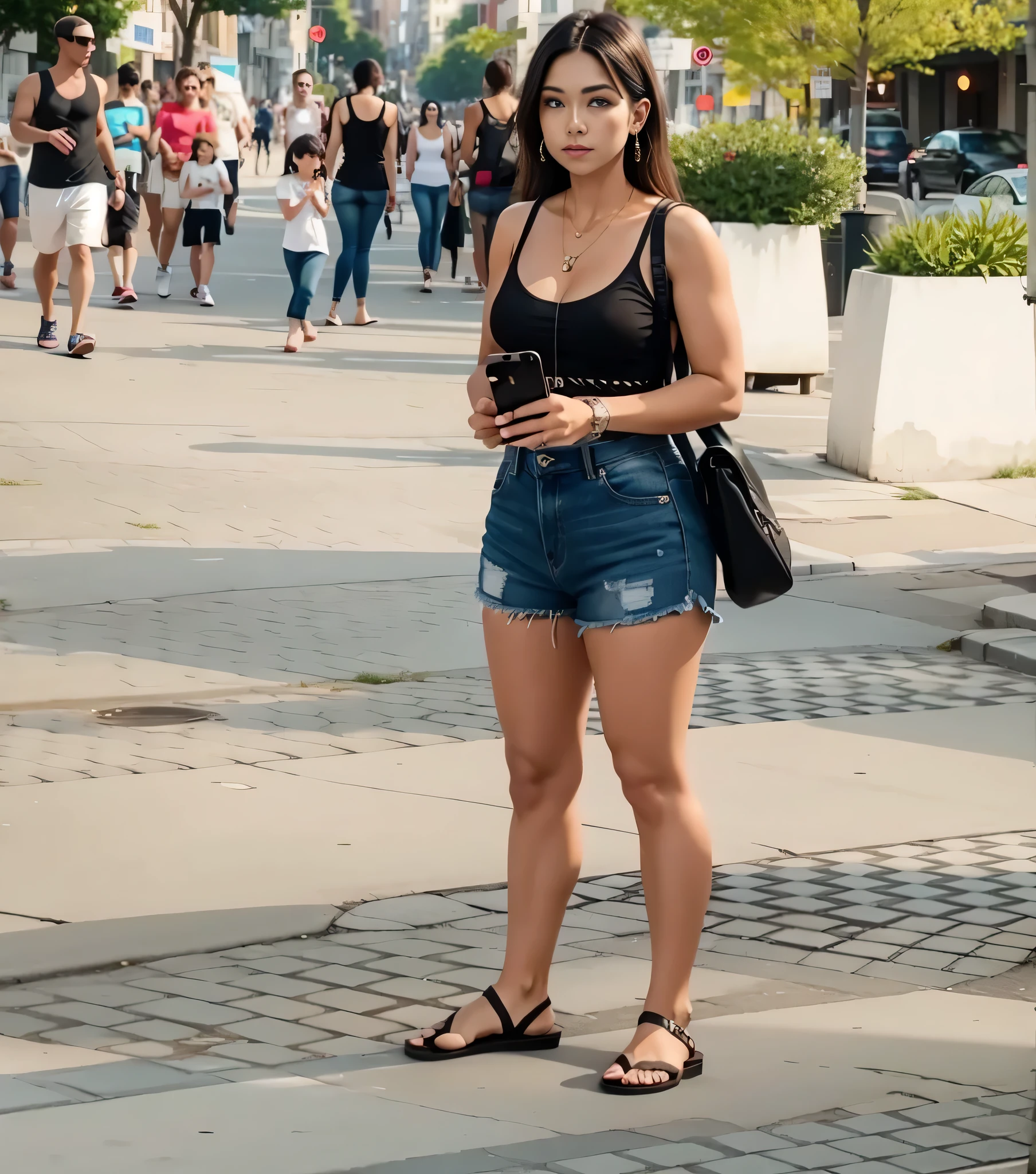 There is a woman standing on a sidewalk with a cell phone, vestindo uma blusa preta, e shorts jeans, vestindo uma regata e shorts, vestida com top e shorts, vestindo shorts pretos, mulher de 30 anos, 8k