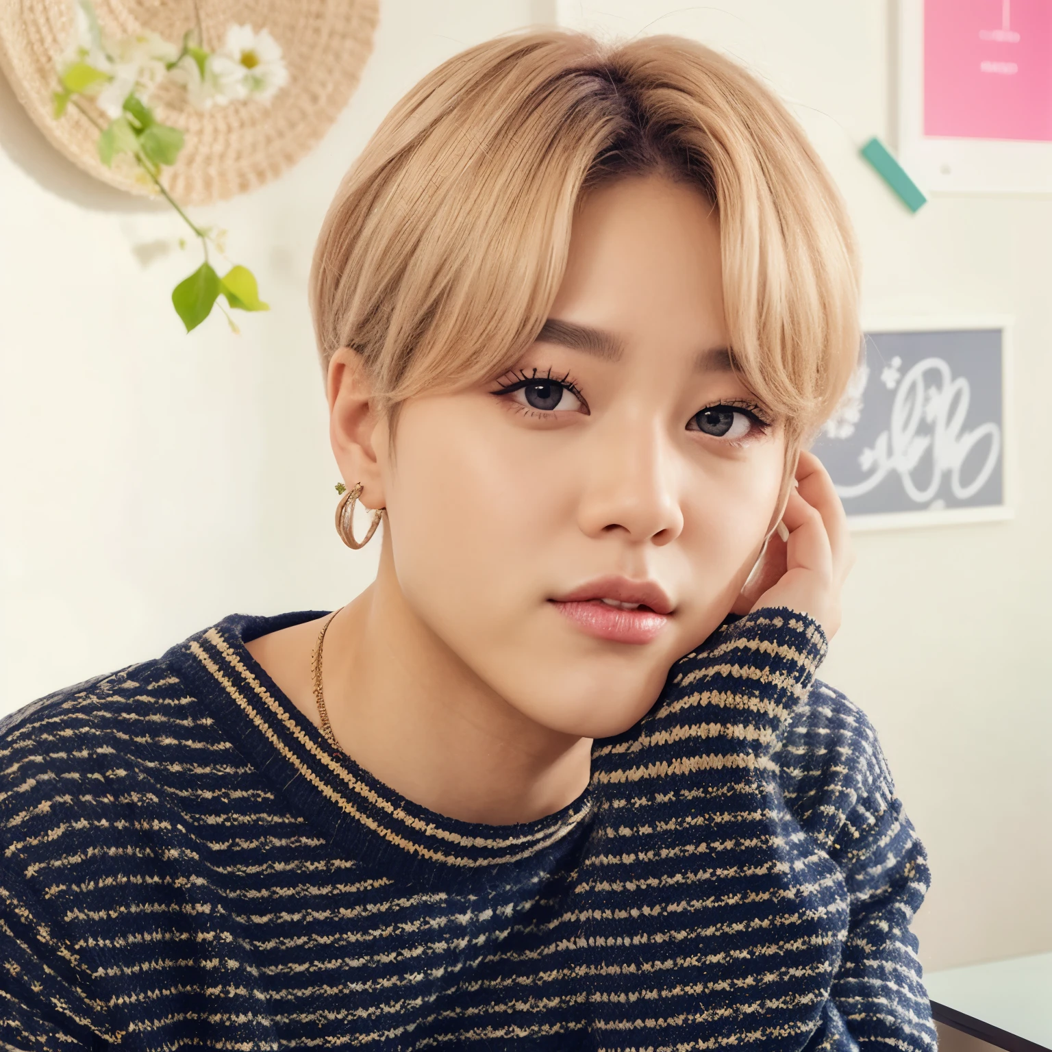 a close-up of a person in a sweater sitting in front of a table, park Jimin, Jimin, Jimin\los labios carnosos, Jimin\la nariz griega, Jimin\his right eyelid is swollen, accurate Jimin face,  kpop idol portrait