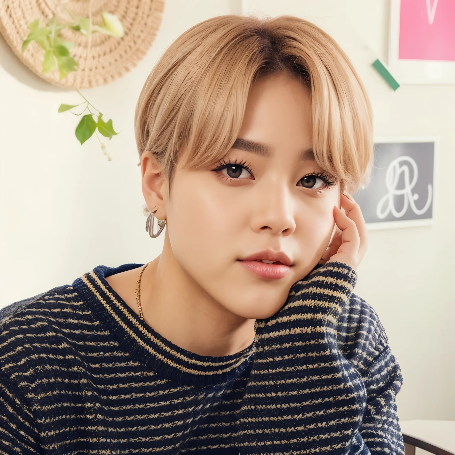 a close-up of a person in a sweater sitting in front of a table, park Jimin, Jimin, Jimin\los labios carnosos, Jimin\la nariz griega, Jimin\his right eyelid is swollen, accurate Jimin face,  kpop idol portrait