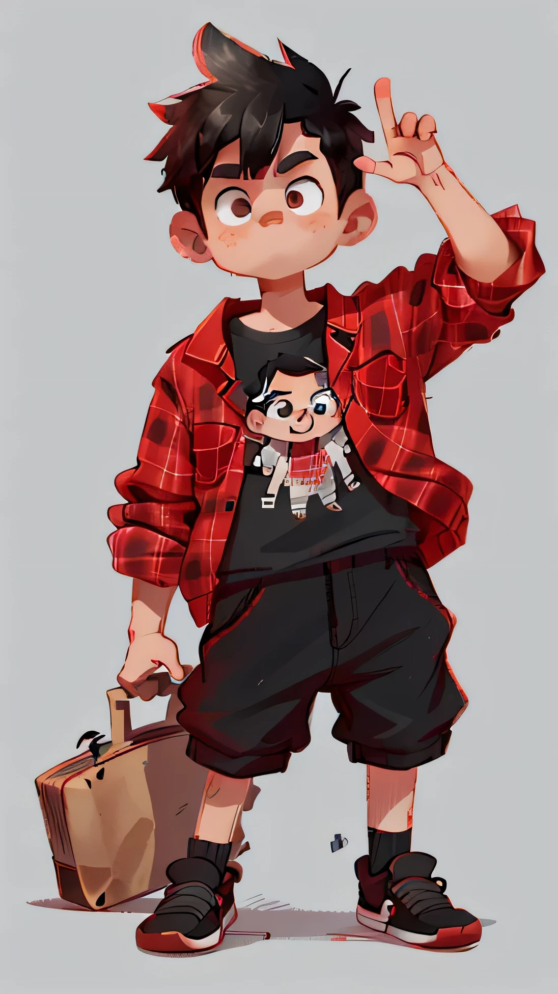 Ele tem uma camisa xadrez vermelha, Cabelo preto, facing bone lines, sapatos vermelhos, olhar preto, ele tem 15 anos, he is looking at the camera and waving