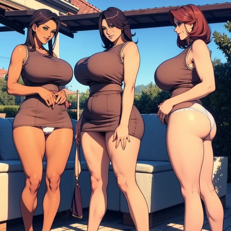 multiple thick body mature women milfs wearing sleeveless shirt and ((lift skirt show panties)), all milfs standing straight show only backside to camera, nsfw, show full body, show back view, in patio 