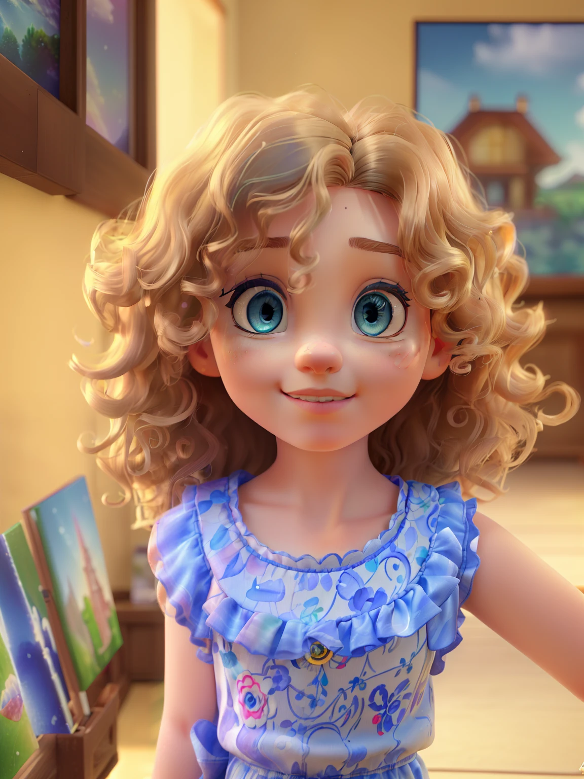 (best quality, 4k, 8k, highres, masterpiece:1.2), ultra-detailed, (realistic, photorealistic, photo-realistic:1.37), 5 year old girl, dark blonde curly hair ,realistic(blue eyes),beautiful detailed eyes,longeyelashes,stunning eyes,faintly glowing irises,deep azure eyes,mesmerizing blue eyes, classroom background