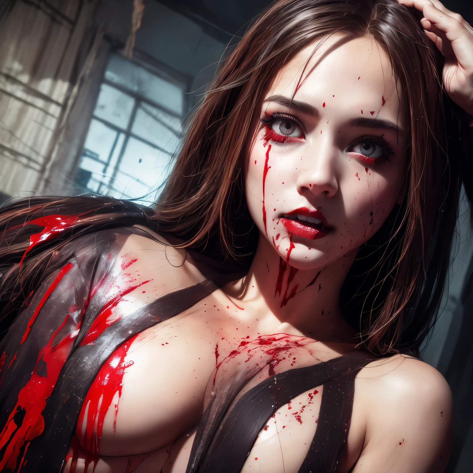 (horrifying,shocking),blood-spattered girl,sexy,attractive female covered in blood,long flowing hair, white skin,expressive eyes,fierce gaze,dramatic lighting,gritty and intense,horror portrait,violent,gruesome scene,splattered blood,dark and haunting background,close-up of face and body,bloody handprints,terrifying aura,macabre,nightmarish,vivid colors,high contrast, beauty,