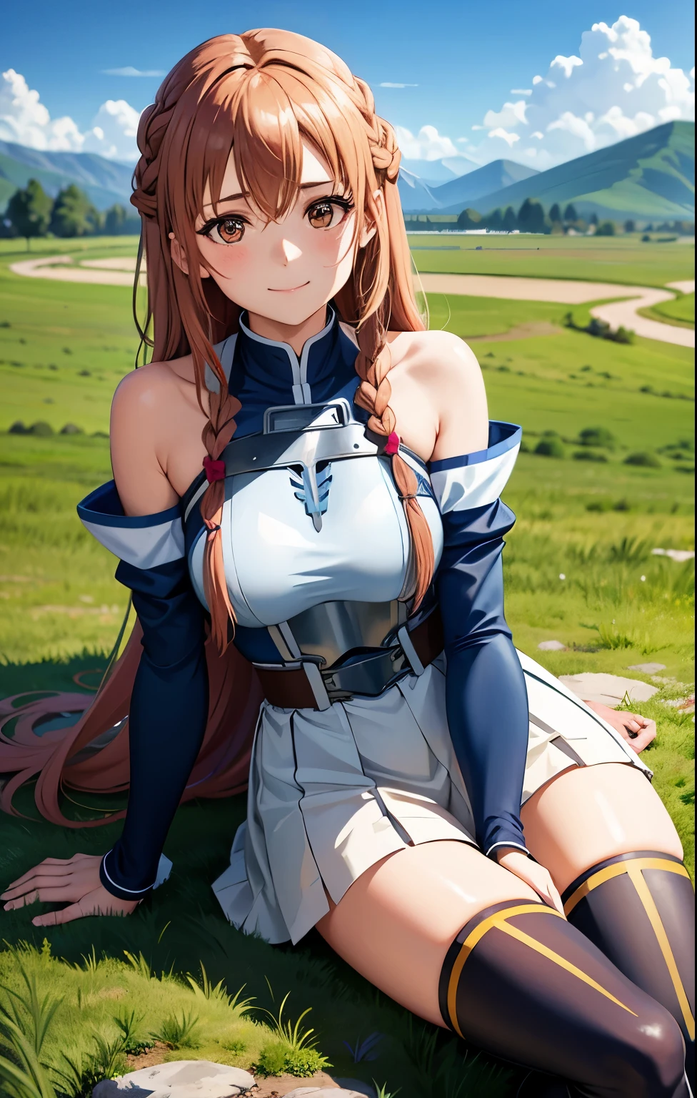 1girl, asuna_\(sao\), bangs, bare_shoulders, blue_sky, blush, boots, braid, breastplate, breasts, brown_eyes, closed_mouth, cloud, cloudy_sky, day, detached_sleeves, grass, hair_between_eyes, long_hair, looking_at_viewer, mountain, outdoors, rock, sitting, skirt, sky, smile, solo, thighhighs, very_long_hair, big 