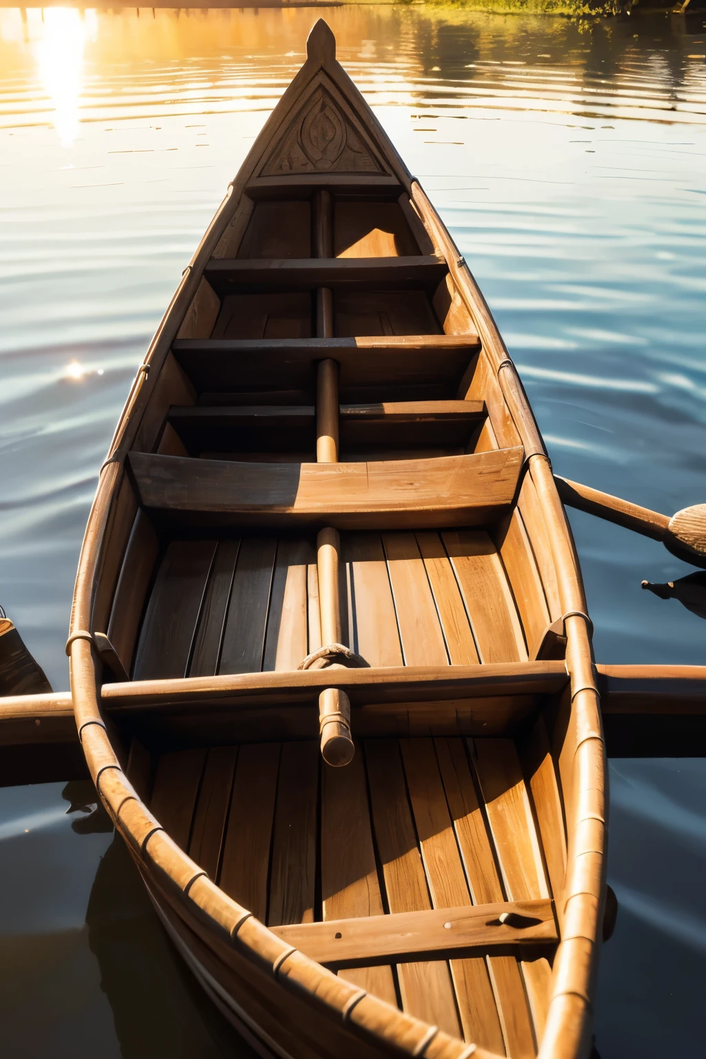masterpiece, best quality, finely detailed, high resolution, extremely delicate and beautiful, (boat on the water), sun reflecting off the water, rippling waves, intricately carved wooden boat, oars slicing through the water, gentle breeze in the sails, vibrant colors of the sunset in the background, realistic water texture, lifelike boat details, calm and serene atmosphere, peaceful and tranquil scene.