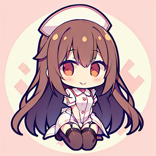 muste piece、super detailed、High quality、masterpiece、highest quality, 1 girl, long brown hair:1.5、wavy long hair、brown eyes、alone、Sit down、Sexy Nurse、garter belt、garter stockings、cross mark nurse cap、bewitching smile、{{one tone background、 background:1.8}}、Full body Esbian、icon、
