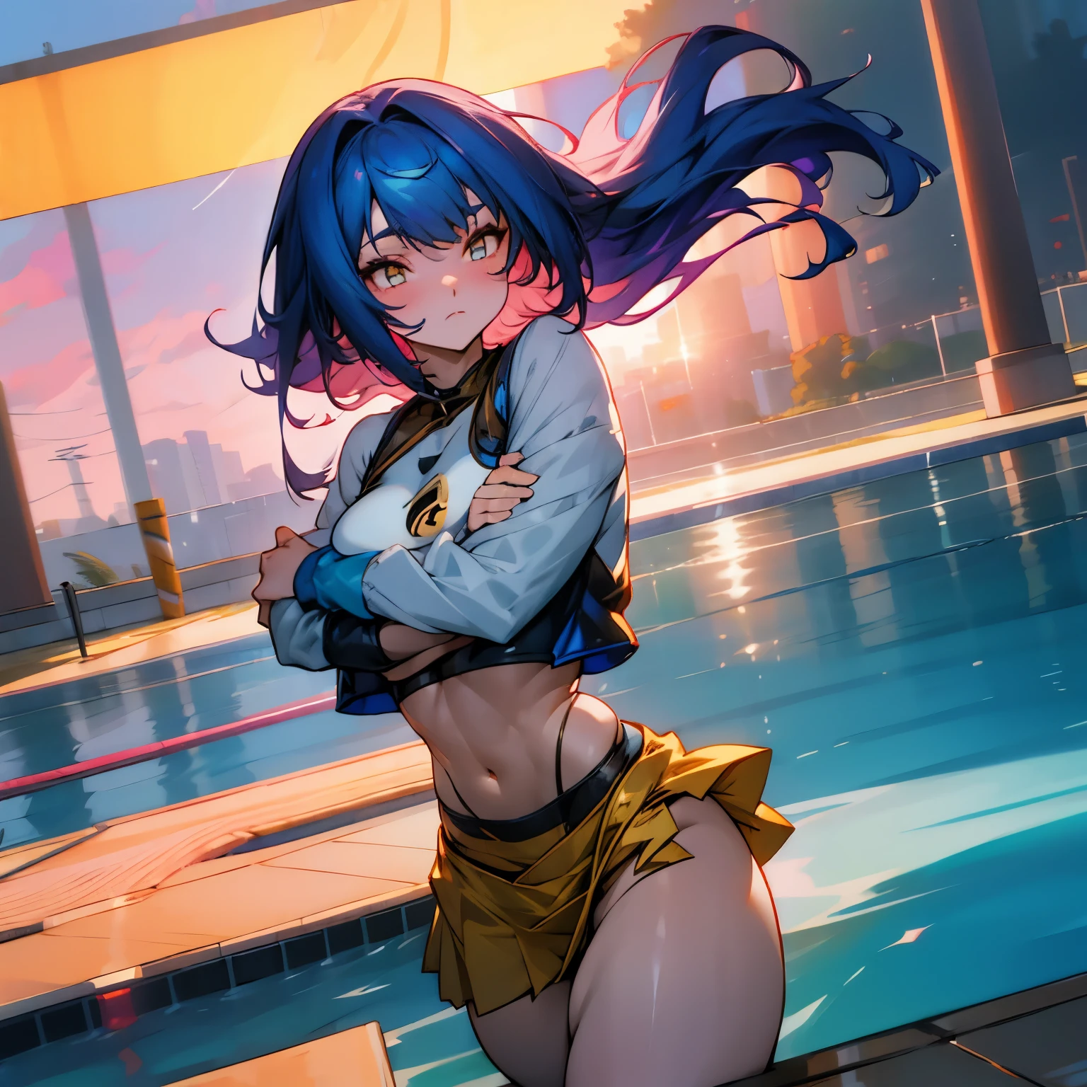 Anime girl, 1 anime girl, black and blue hair, golden eyes, golden pupils, glowing eyes, thick hair, blown by the wind, crop top, skirt, blush, sunlight, night, pool landscape, white skin, blue and white swimsuit, beautiful