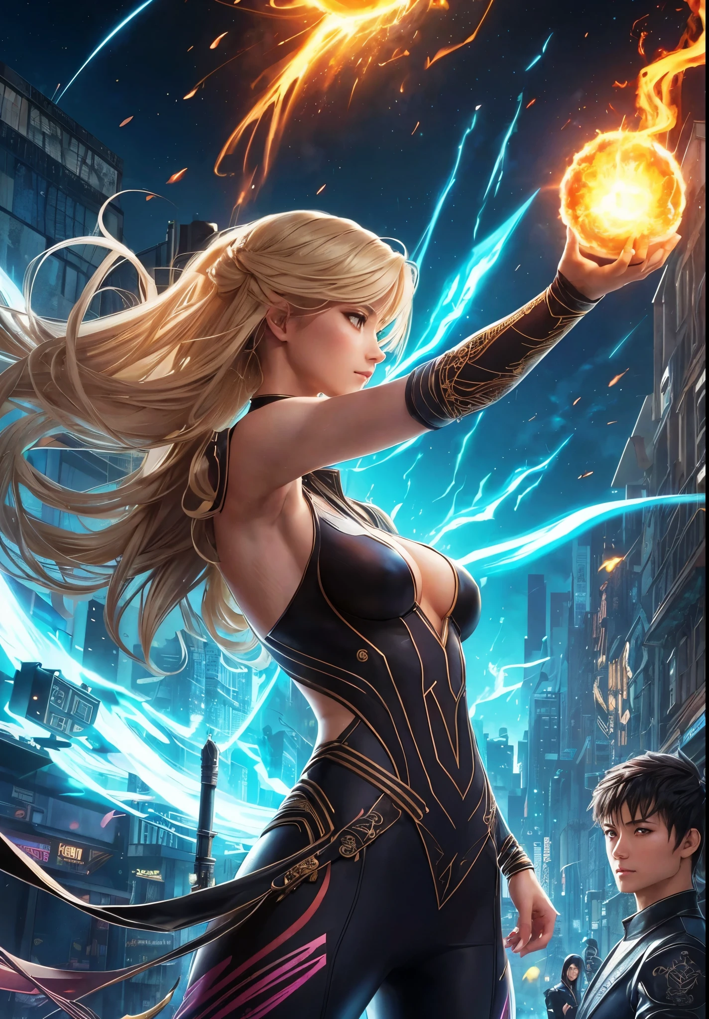 (best quality,4k,8K,a high resolution,masterpiece:1.2), ultra-detailed, (realistic,photorealistic,photorealistic:1.37), A man and a woman against the background of the city of the future, (In the foreground, a beautiful real blonde holds and points a future pistol at the viewer., disheveled shoulder-length hair, white PVC jumpsuit, Happy, skinny body, Beautiful anime waifu style girl), (a dark-haired male wizard stands facing us behind a woman with a fireball, looms over his arm), hyper detailed painting, luminism, Concept art by Carne Griffiths and Vadim Kashin, 4k resolution, fractal isometrics details bioluminescence , 3D rendering, Octane render, intricately-detailed , cinematic, Trending artsstatina Isometric centered hyperrealistic cover stunning full color, sandy, realistic flight , intricate, hit definition , cinematic