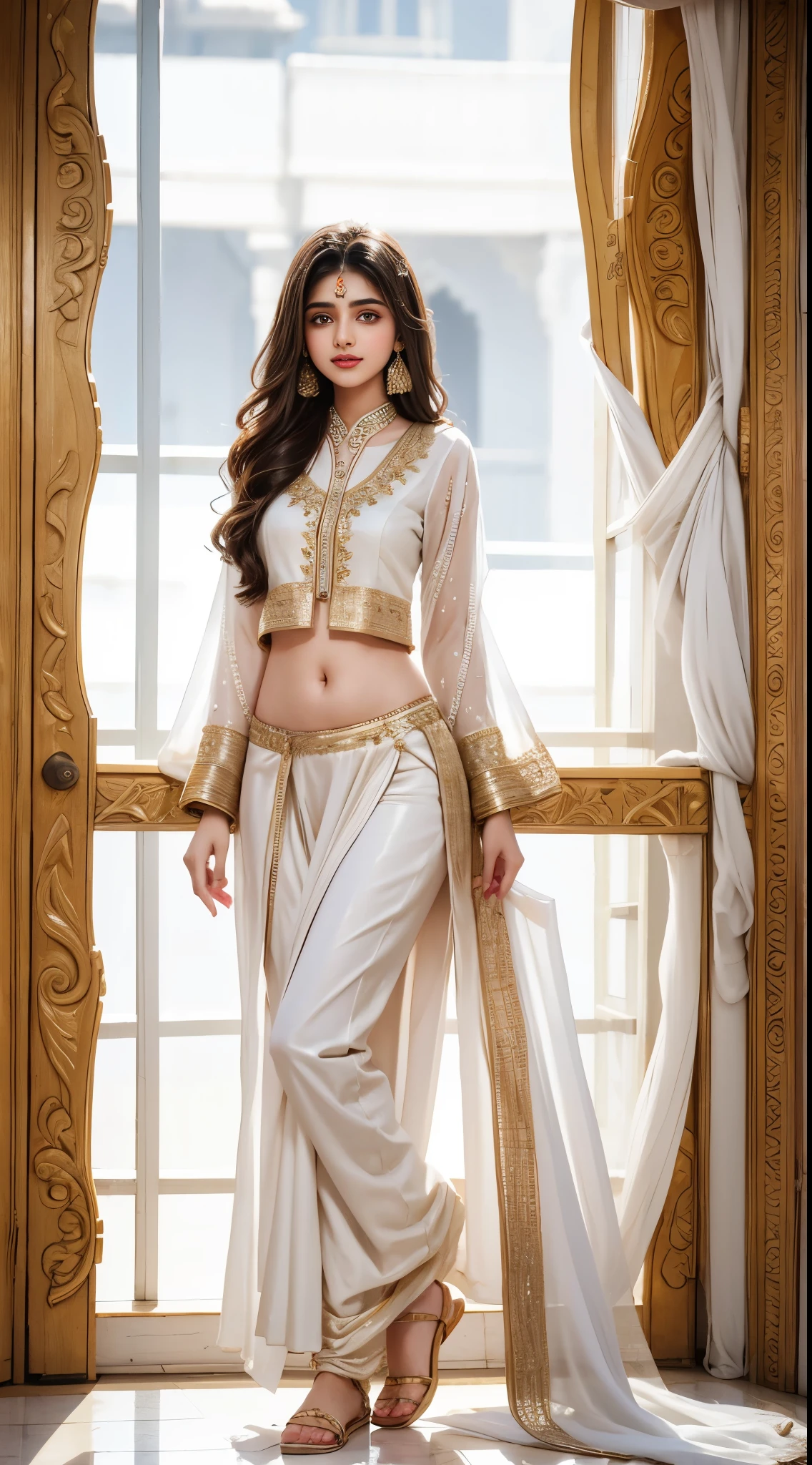 16 year Old Pakistani Girl , wearing indian traditional salwar suite , full body cover , white skin slim figure , slim belly , beautiful eyes , big , 8k quality photo , big