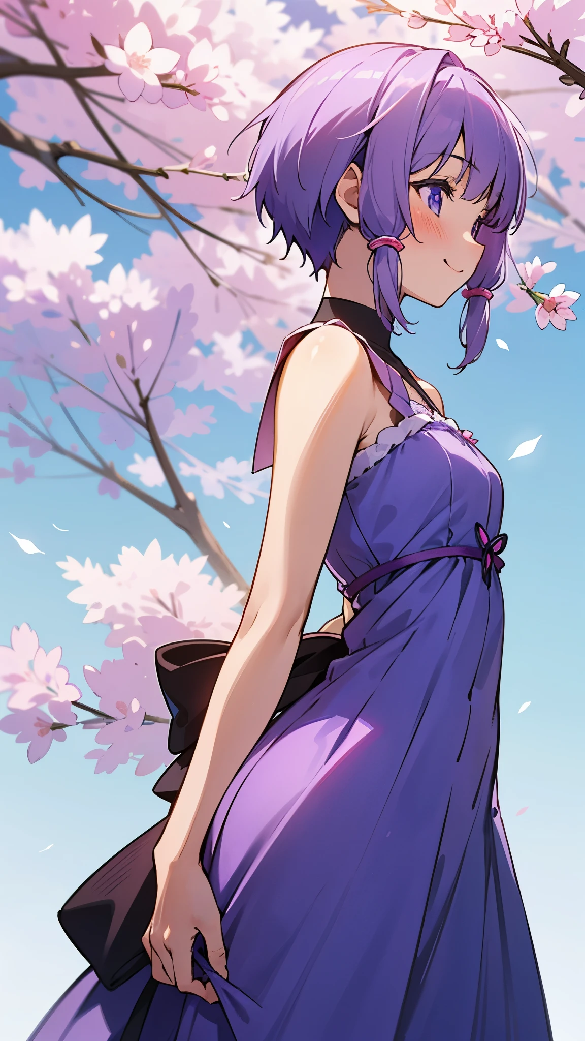 1 girl、18-year-old、Skin luster、Yuzuki Yukari、smile、blush、profile、Beautiful purple eyes、light purple hair、short hair、She is wearing a dress based on white and blue.、Sakura Park、blue sky