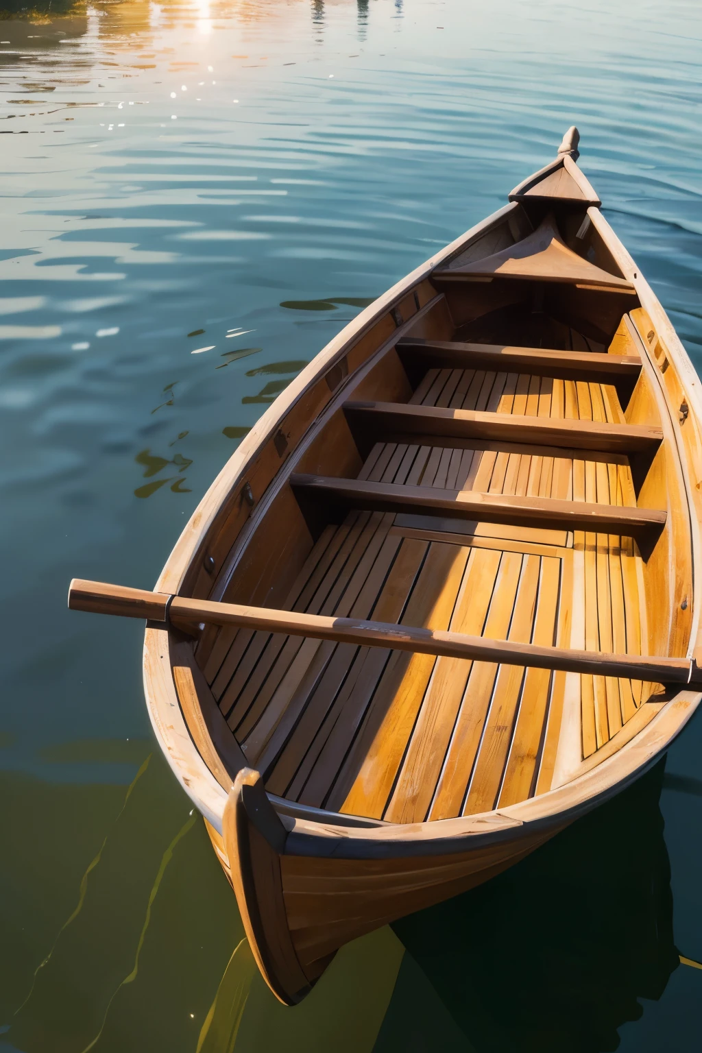 masterpiece, best quality, finely detailed, high resolution, extremely delicate and beautiful, (boat on the water), sun reflecting off the water, rippling waves, intricately carved wooden boat, oars slicing through the water, gentle breeze in the sails, vibrant colors of the sunset in the background, realistic water texture, lifelike boat details, calm and serene atmosphere, peaceful and tranquil scene.