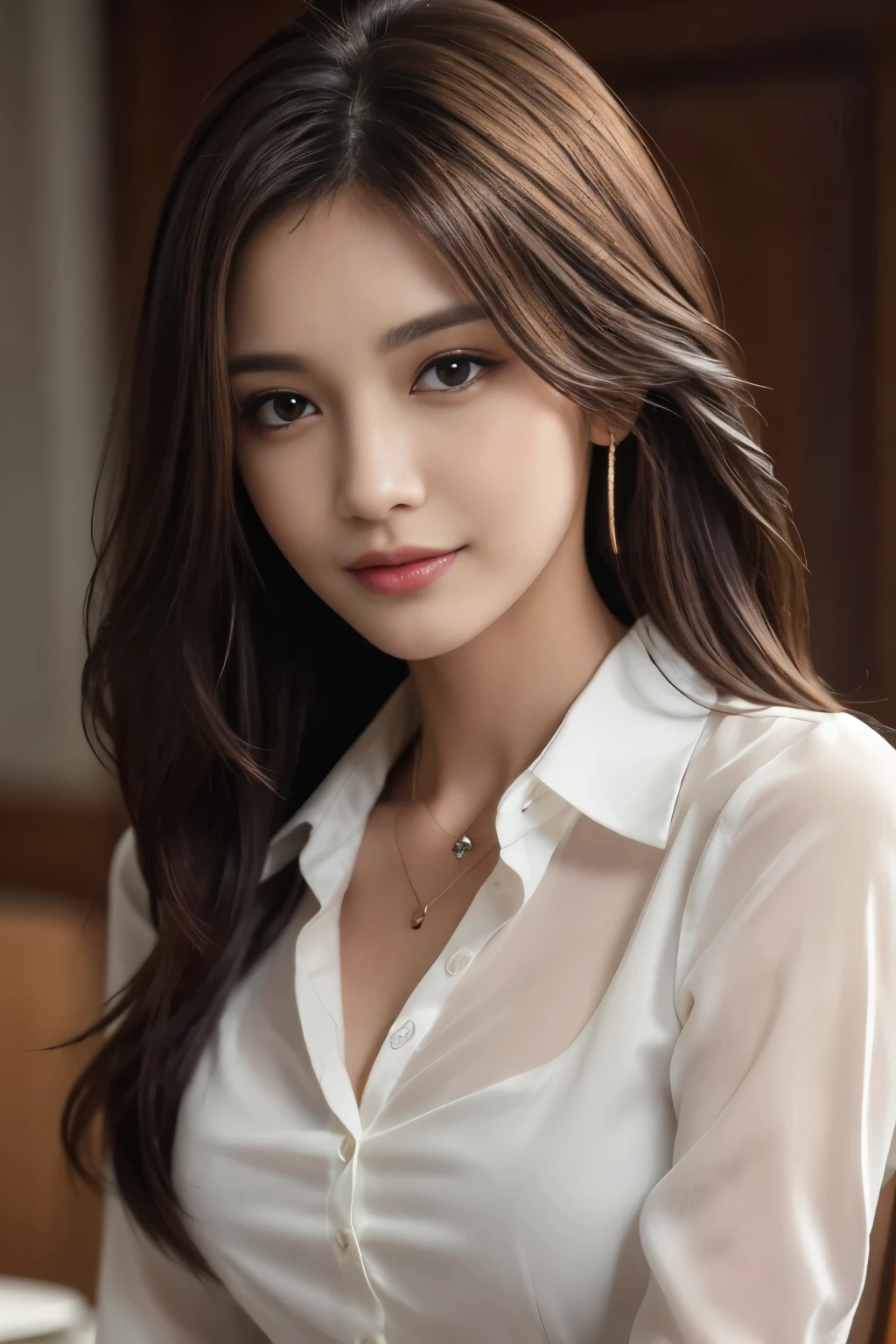 table top, highest quality, realistic, Super detailed, finely, High resolution, 8k wallpaper, 1 beautiful woman,, light brown messy hair, He is wearing a black see-through dress shirt with an open collar.., sharp focus, perfect dynamic composition, beautiful and detailed eyes, thin hair, Detailed realistic skin texture, smile, close-up portrait, model body shape