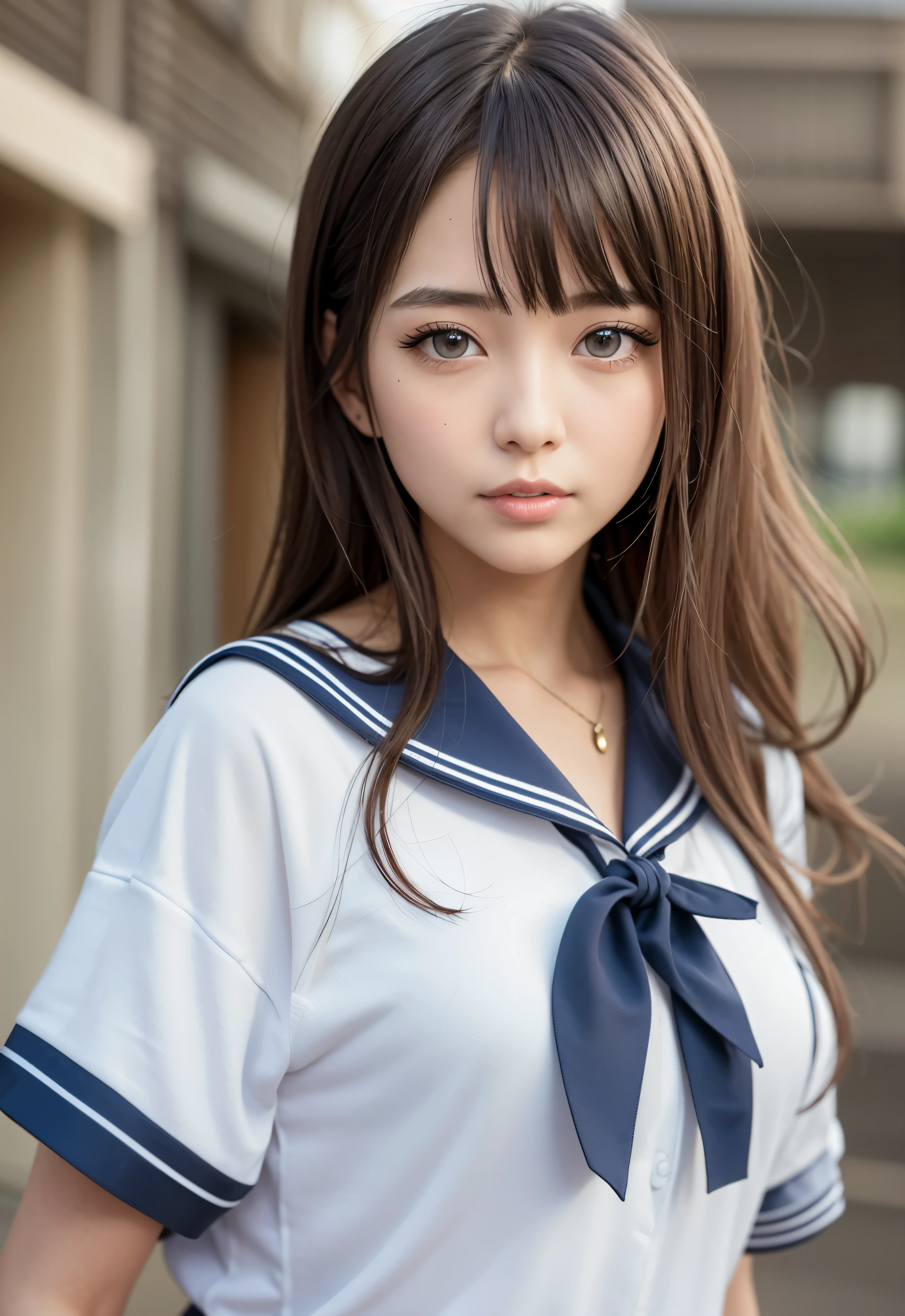 sailor suit、school uniform、A beautiful girl in the world、Glossy skin、sparkle on the cheeks、bangs between the eyes、光沢のあるシルクと非常に長くてまっすぐなbeautiful天然ブロンド、eyeliner、Sexy and beautiful 35 years old、High resolution, big, beautiful, bright light blue eyes、Beautiful and bright girl、sharp、