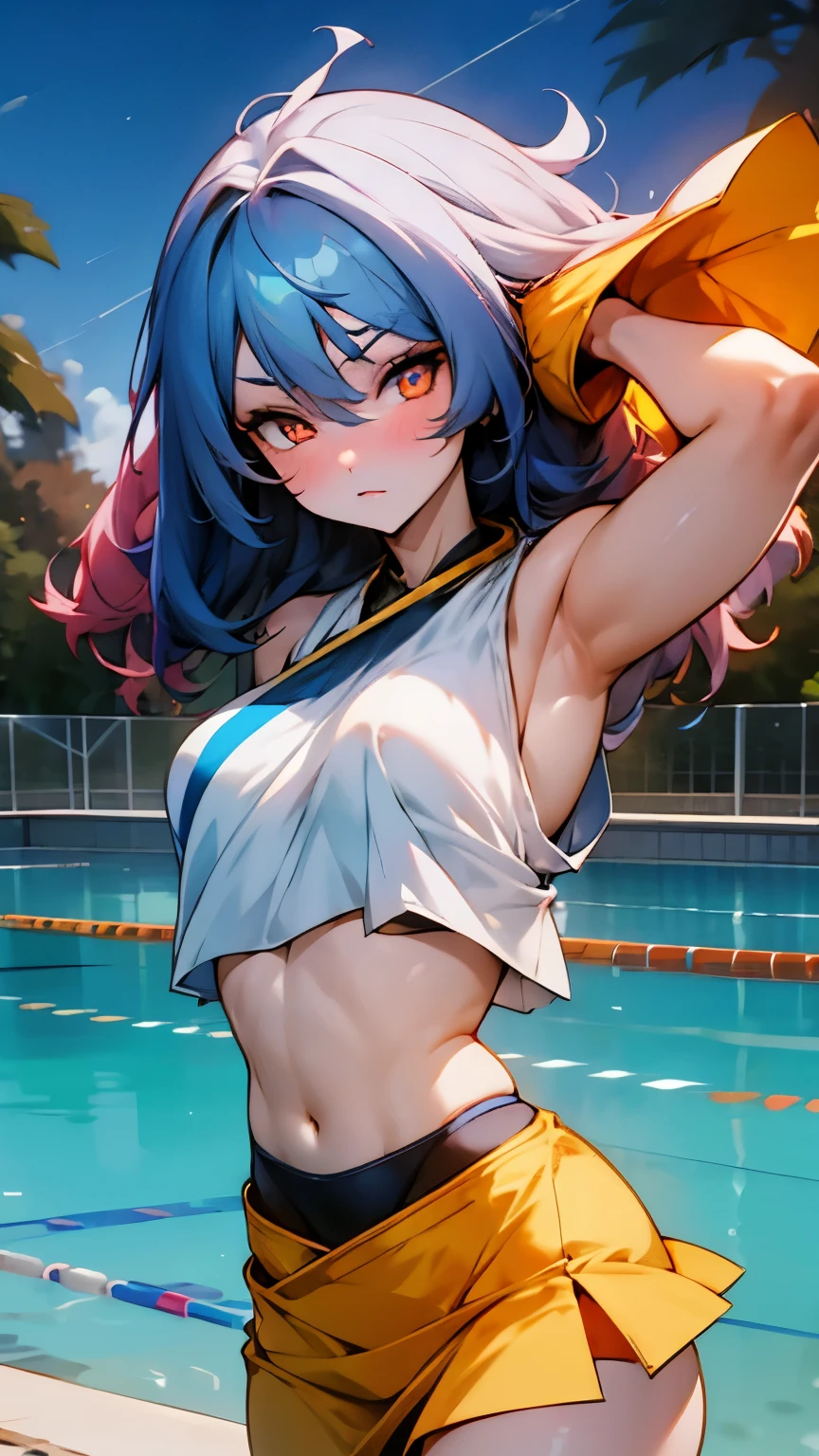 Anime girl, 1 anime girl, black and blue hair, golden eyes, golden pupils, glowing eyes, thick hair, blown by the wind, crop top, skirt, blush, sunlight, night, pool landscape, white skin, blue and white swimsuit, beautiful