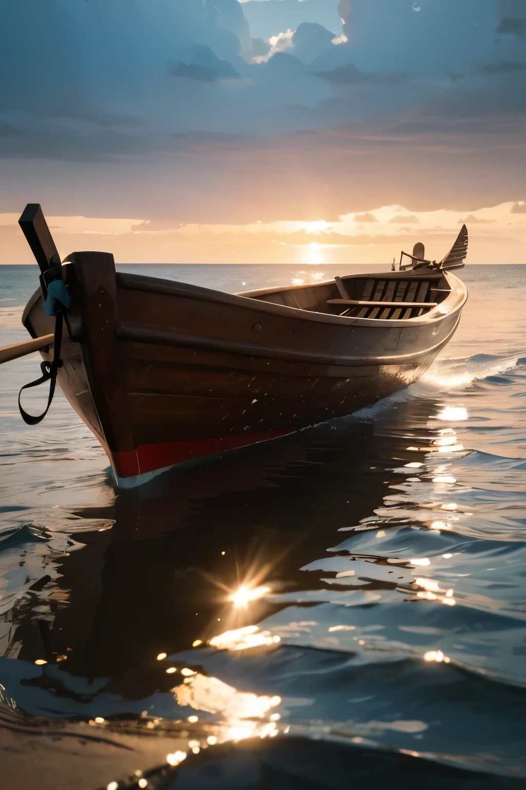 masterpiece, best quality, finely detailed, high resolution, extremely delicate and beautiful, (boat on the water), sun reflecting off the water, rippling waves, intricately carved wooden boat, oars slicing through the water, gentle breeze in the sails, vibrant colors of the sunset in the background, realistic water texture, lifelike boat details, calm and serene atmosphere, peaceful and tranquil scene.