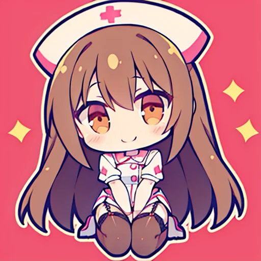 muste piece、super detailed、High quality、masterpiece、highest quality, 1 girl, light brown hair:1.5、wavy long hair、brown eyes、alone、Sit down、 Nurse、garter belt、garter stockings、cross mark nurse cap、bewitching smile、{{one tone background、 background:1.8}}、Full body Esbian、icon、