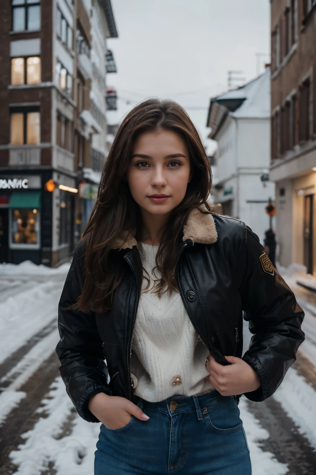 (realistic face, girl, brown hair, 21 years old, froum lietuva, high quality, 4K), perfect face, beautiful, photography, black jacket, jeans, winter, winter city, snow