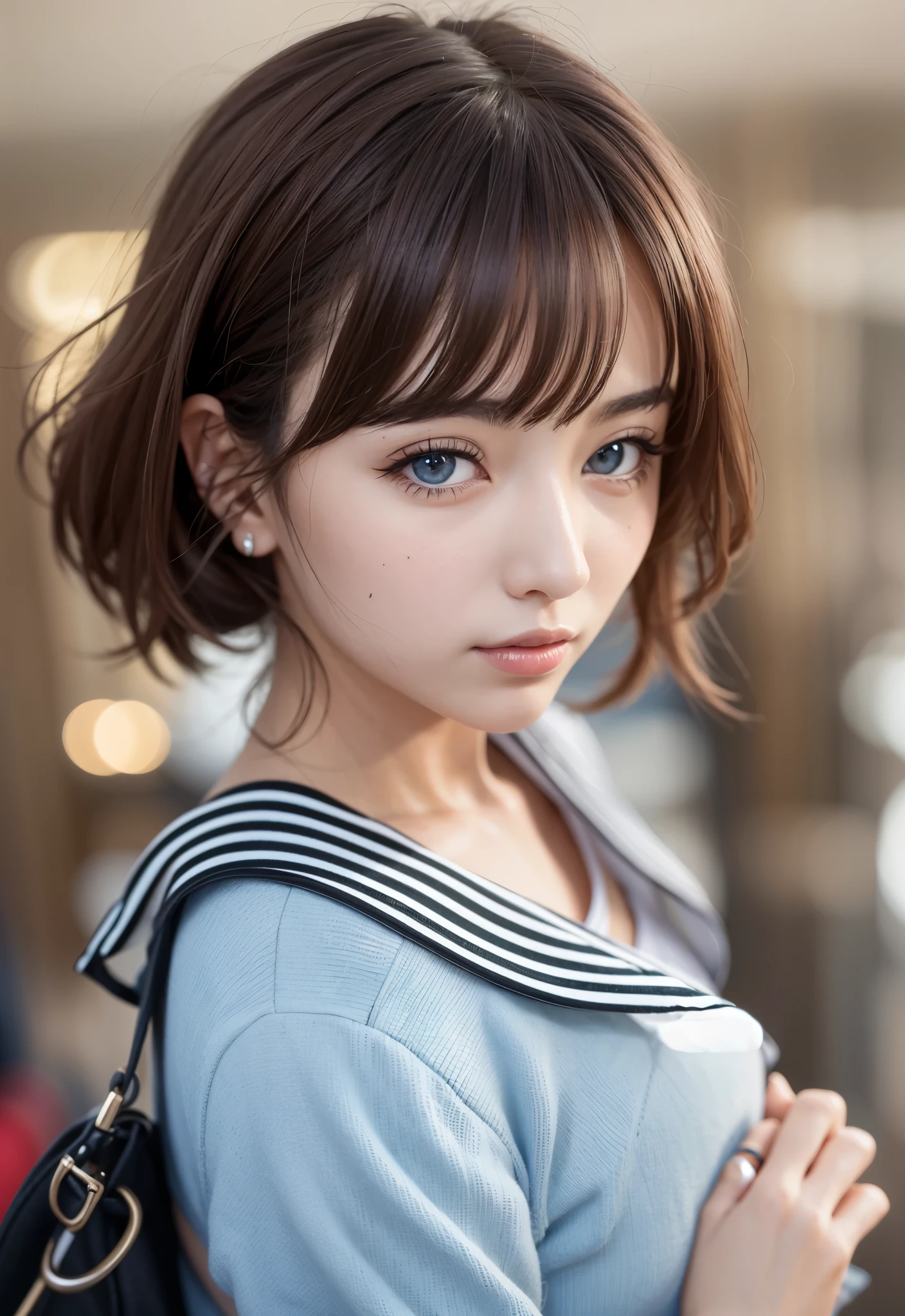 sailor suit、school uniform、A beautiful girl in the world、shiny glossy skin、sparkle on the cheeks、bangs between the eyes、光沢のあるシルクと非常に長くてまっすぐなbeautiful天然ブロンド、eyeliner、Sexy and beautiful 35 years old、High resolution, big, beautiful, bright light blue eyes、Beautiful and bright girl、sharp、
