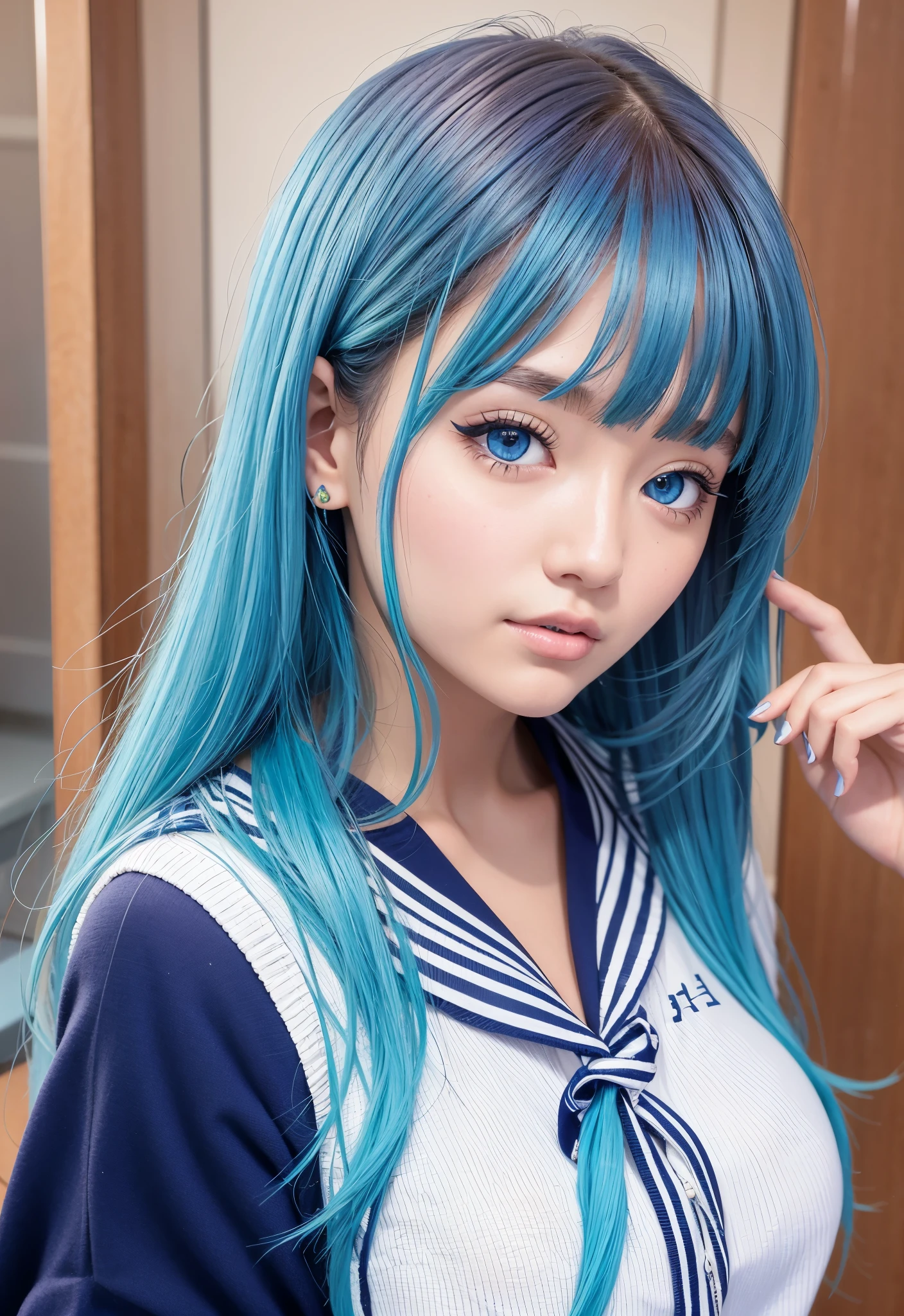 sailor suit、school uniform、A beautiful girl in the world、shiny glossy skin、sparkle on the cheeks、bangs between the eyes、光沢のあるシルクと非常に長くてまっすぐなbeautiful天然ブロンド、eyeliner、Sexy and beautiful 35 years old、High resolution, big, beautiful, bright light blue eyes、Beautiful and bright girl、sharp、